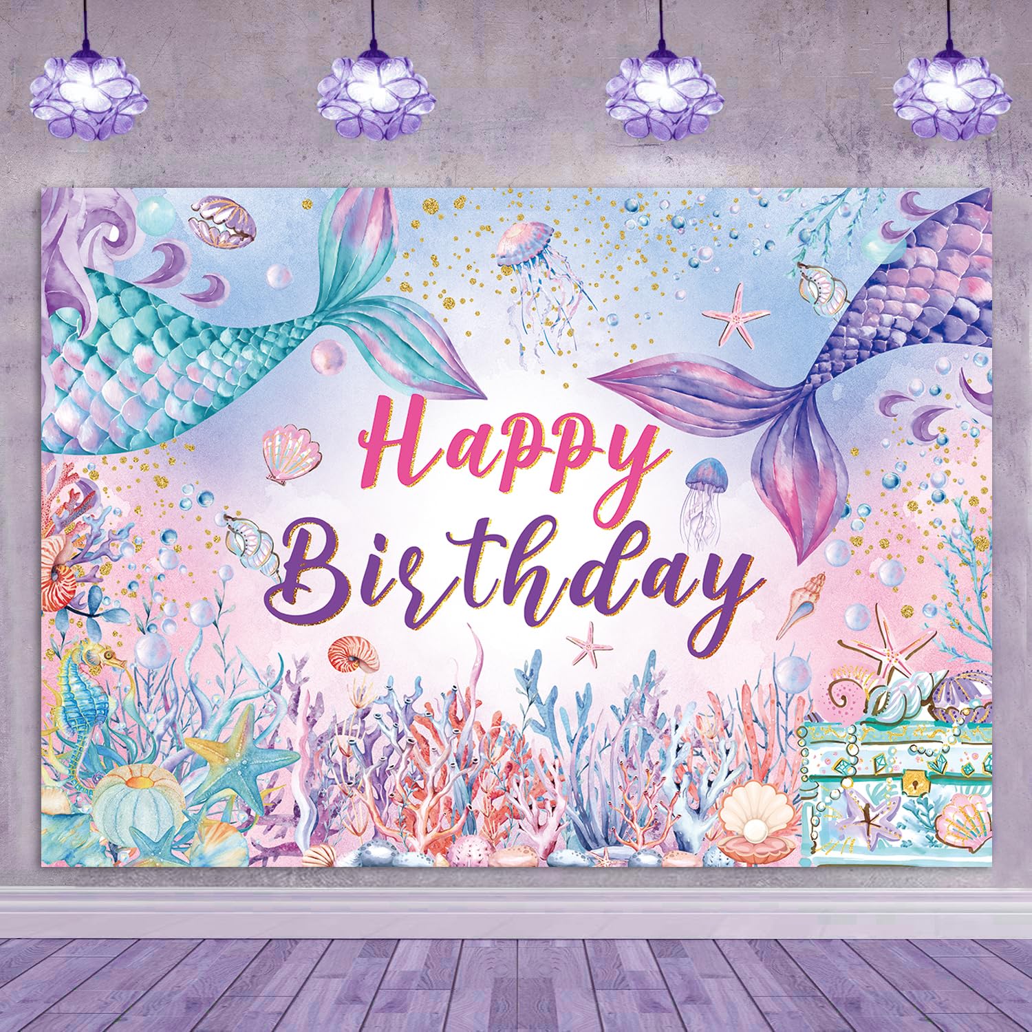 Lofaris 6x4ft Mermaid Birthday Backdrop - Purple Under The Sea Theme For Girls 1st Birthday Party