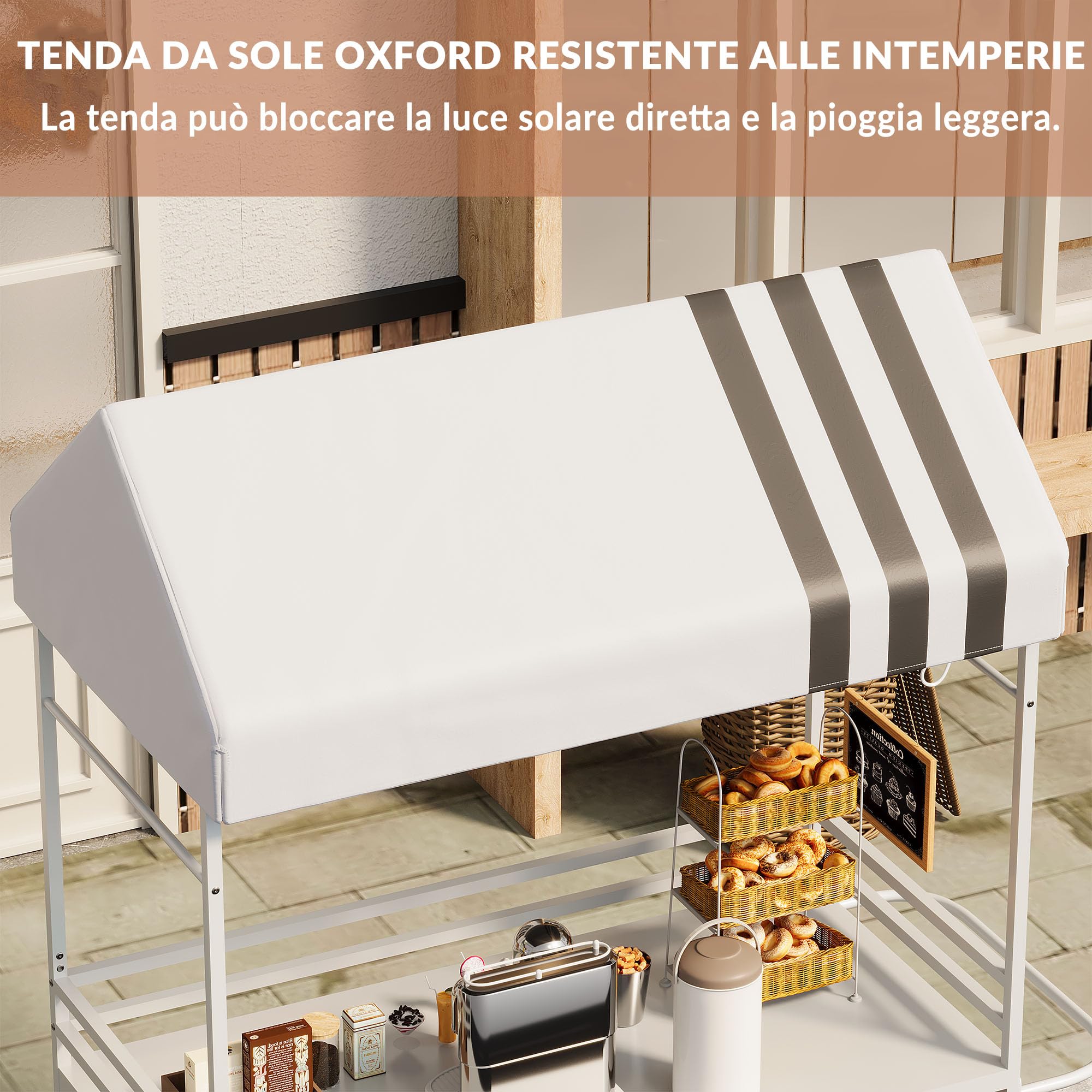 Carretto ambulante portatile con tettoia, carretto mobile per alimenti con ruote bloccabili, espositore da strada alto 215 cm, robusto, ideale per street food, caffè, eventi interni ed esterni.