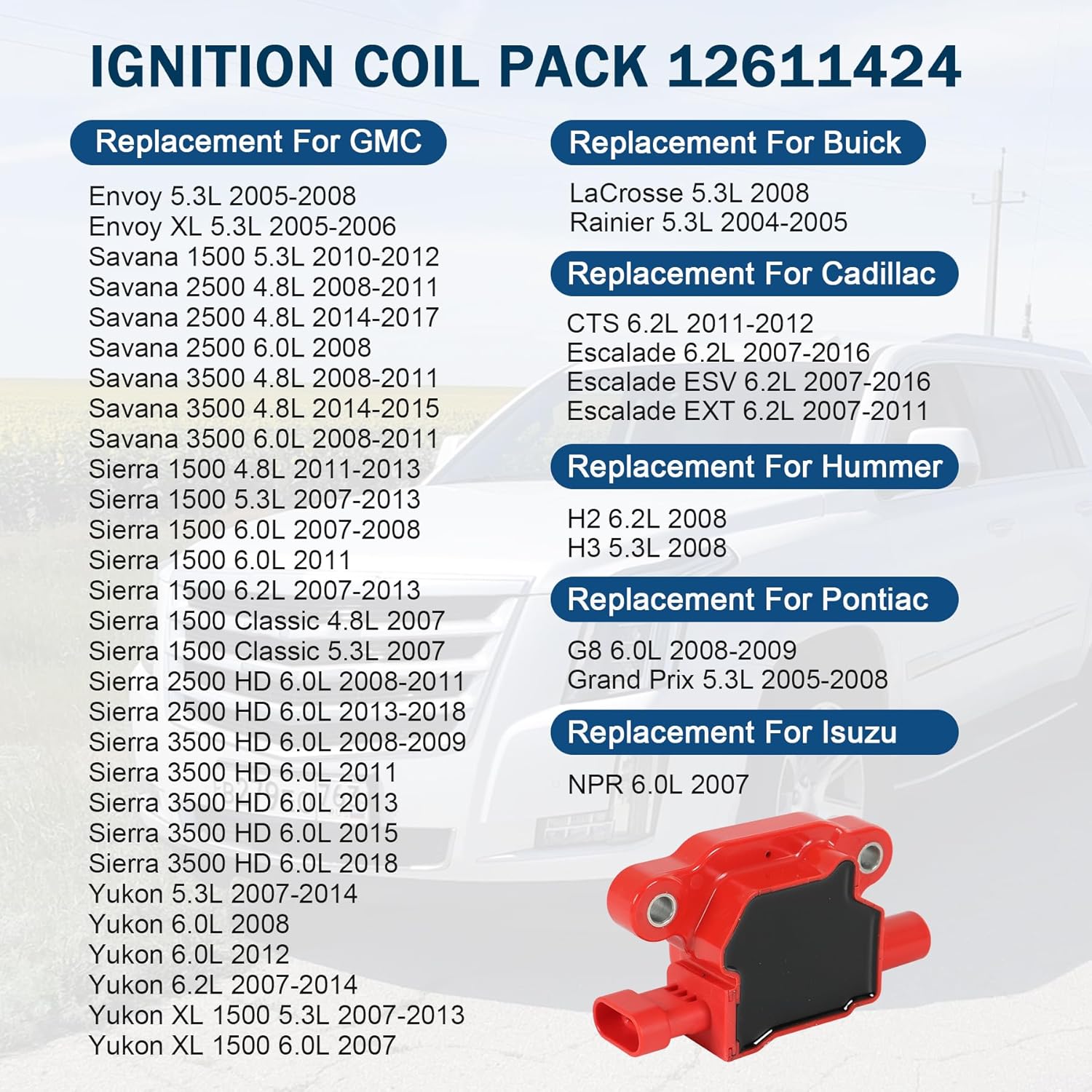 Ignition Coil Pack 12611424 Set of 8 Red Replacement For Chevy GMC Cadillac CTS Escalade Express 1500 2500 3500 4500 Replace UF-413, 12619161, 12570616, 12563863, 8125706160, 33-1192, D510C