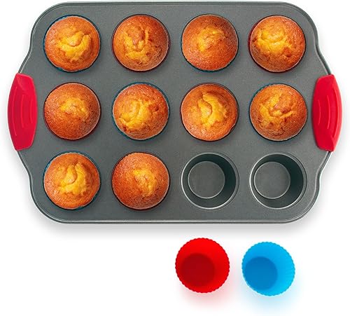 Miniatura 4 de Boxiki Kitchen Juego para hornear 12 tazas Mini Molde para Muffins con Forros de Silicona y Bandeja redonda de silicona antiadherente de 9 pulgadas.