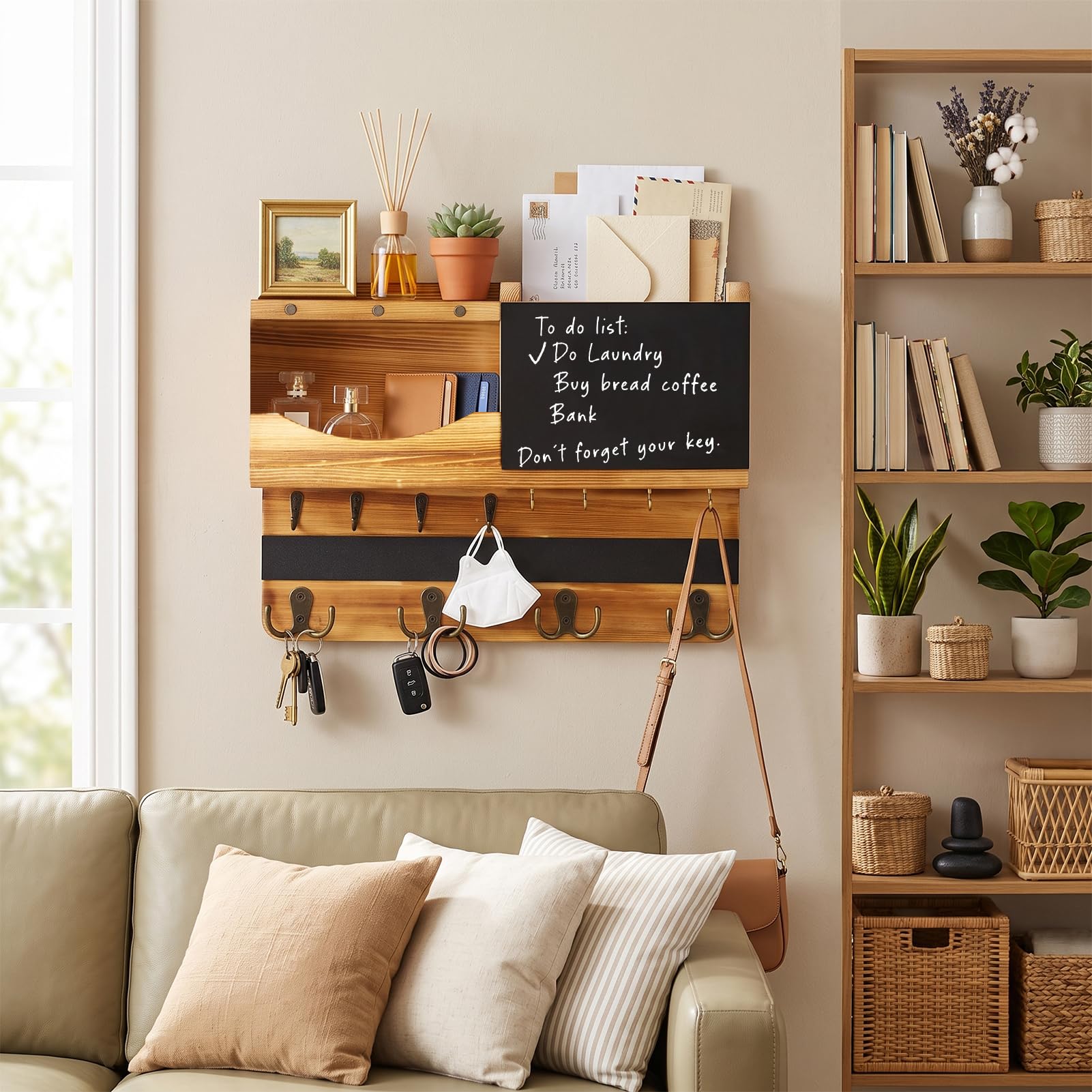Porte Clef Mural,Porte Clés Mural en Bois Avec 16 Crochets | Porte Cle Mural Avec Compartiment De Rangement Et Tableau D'affichage,Accroche Clef Mural pour Entrée,Salon,Couloir, Bureau