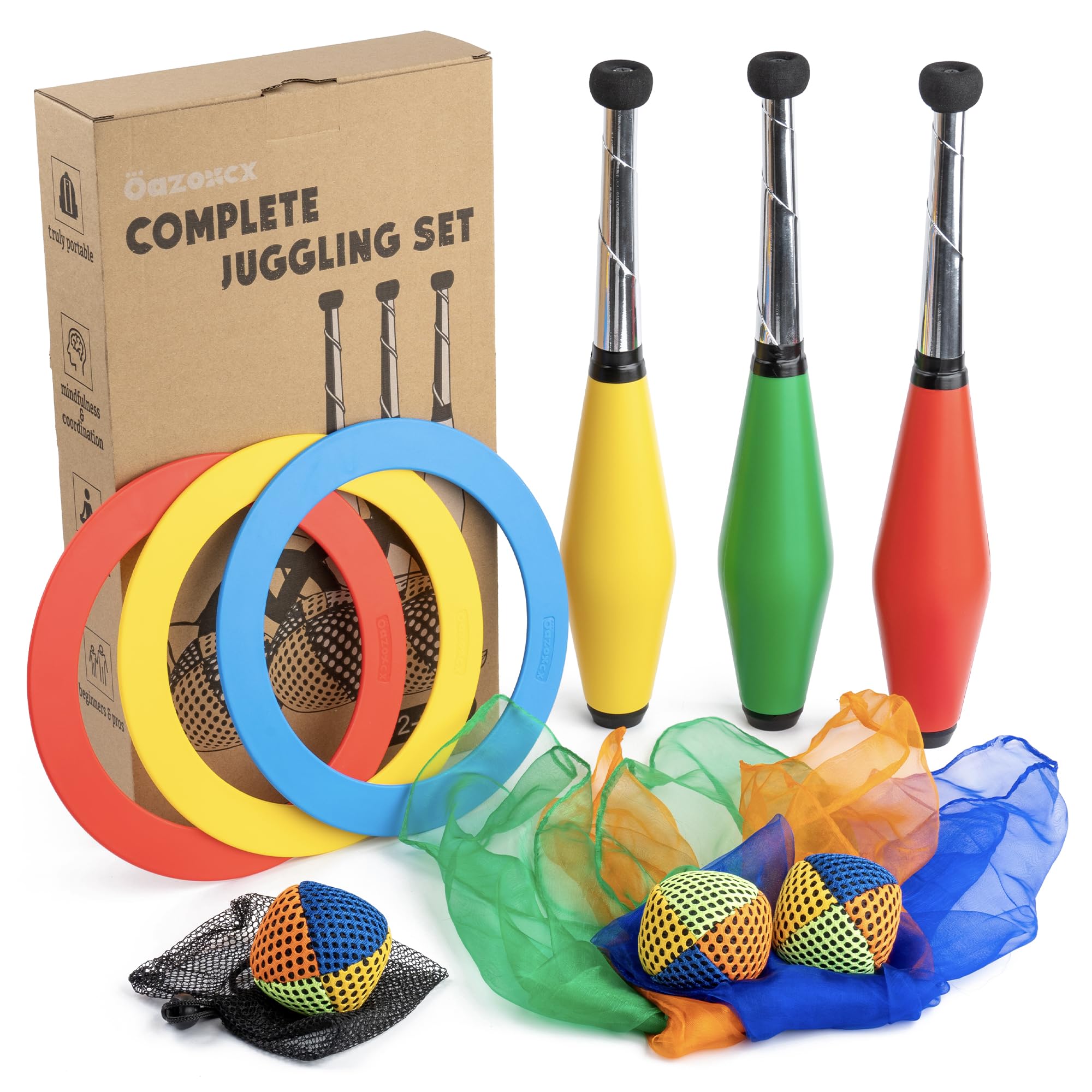 Jonglier-Starterset 4-in-1 mit 3 Bällen, 3 Tüchern, 3 Ringen & 3 Keulen für Anfänger