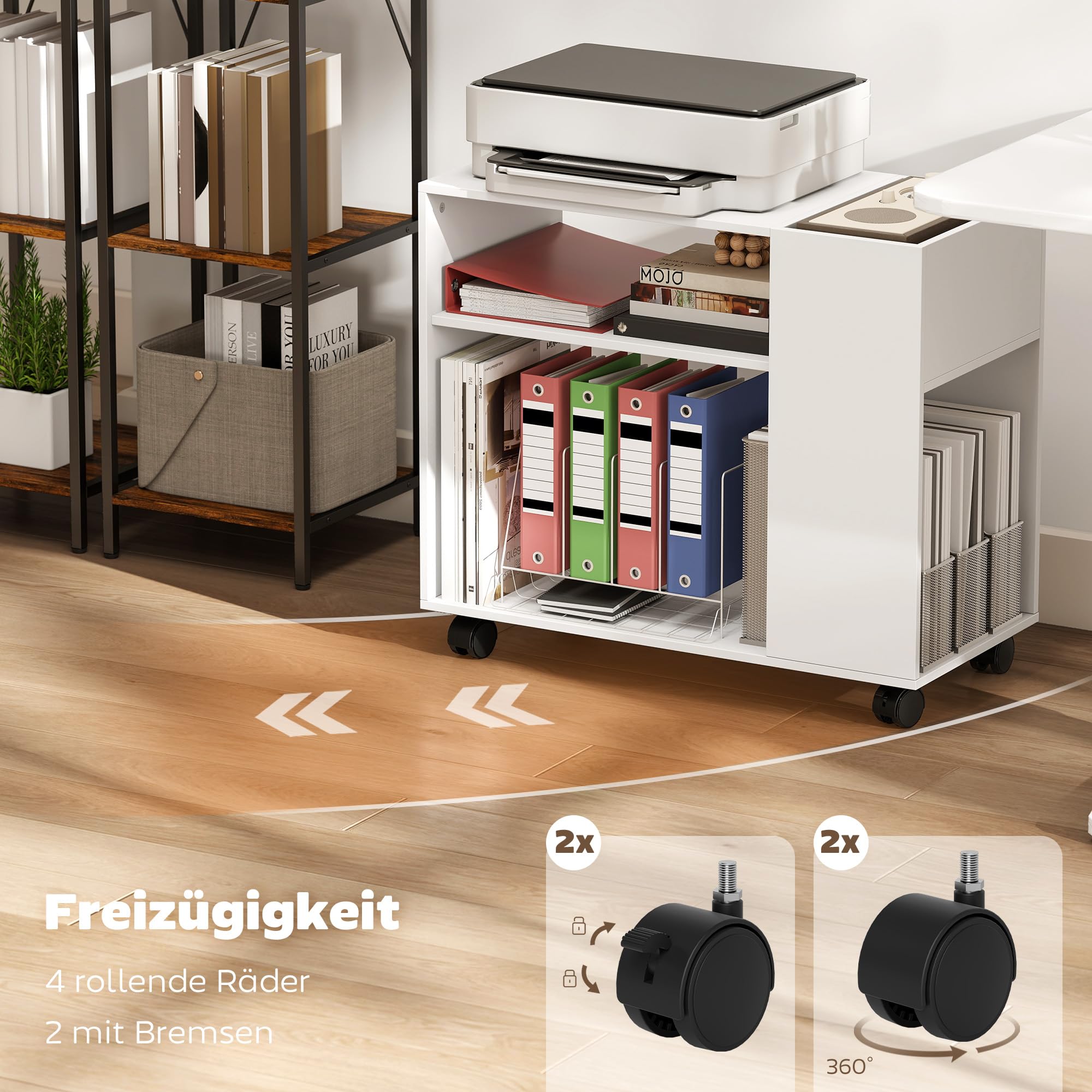 HOMCOM Druckertisch mit Rollen mit Unterteiltem Fach 70 x 34 x 60 cm Weiß | Druckerständer, Ablageflächen, Schreibtisch Organizer für Drucker, Druckerwagen für Büro Fax Scanner Office