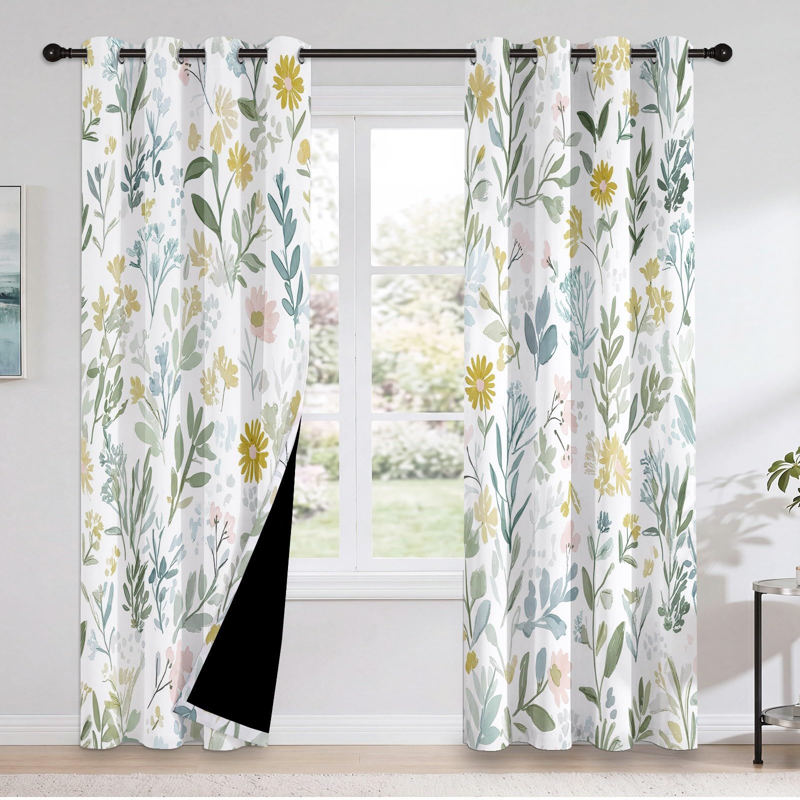 Rideau occultant Motif À Fleur De Fleurs Sauvages, Plantes Et Fleurs Rideaux œillets Isolation Thermique Traitements fenêtre à œillets pour Pépinière, 140L X 260H cm (2 Panneaux), Bleu