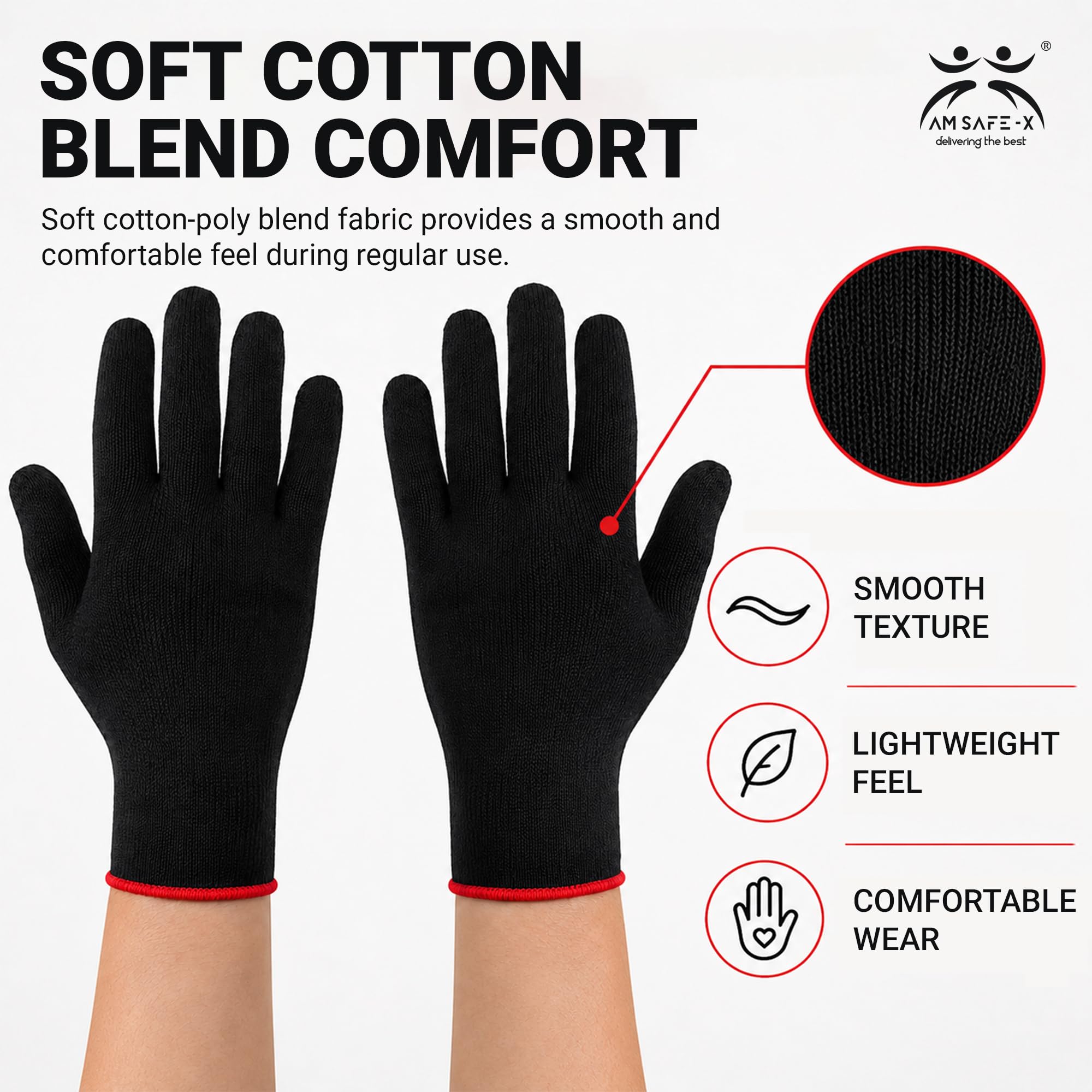 AM Safe-X Premium Black Cotton Gloves for Men & Women | Lightweight Breathable Knitted Gloves | Soft Stretch Fit | Reusable Hand Protection for Driving, Gardening, Warehouse & General Use | 5 Pair 1