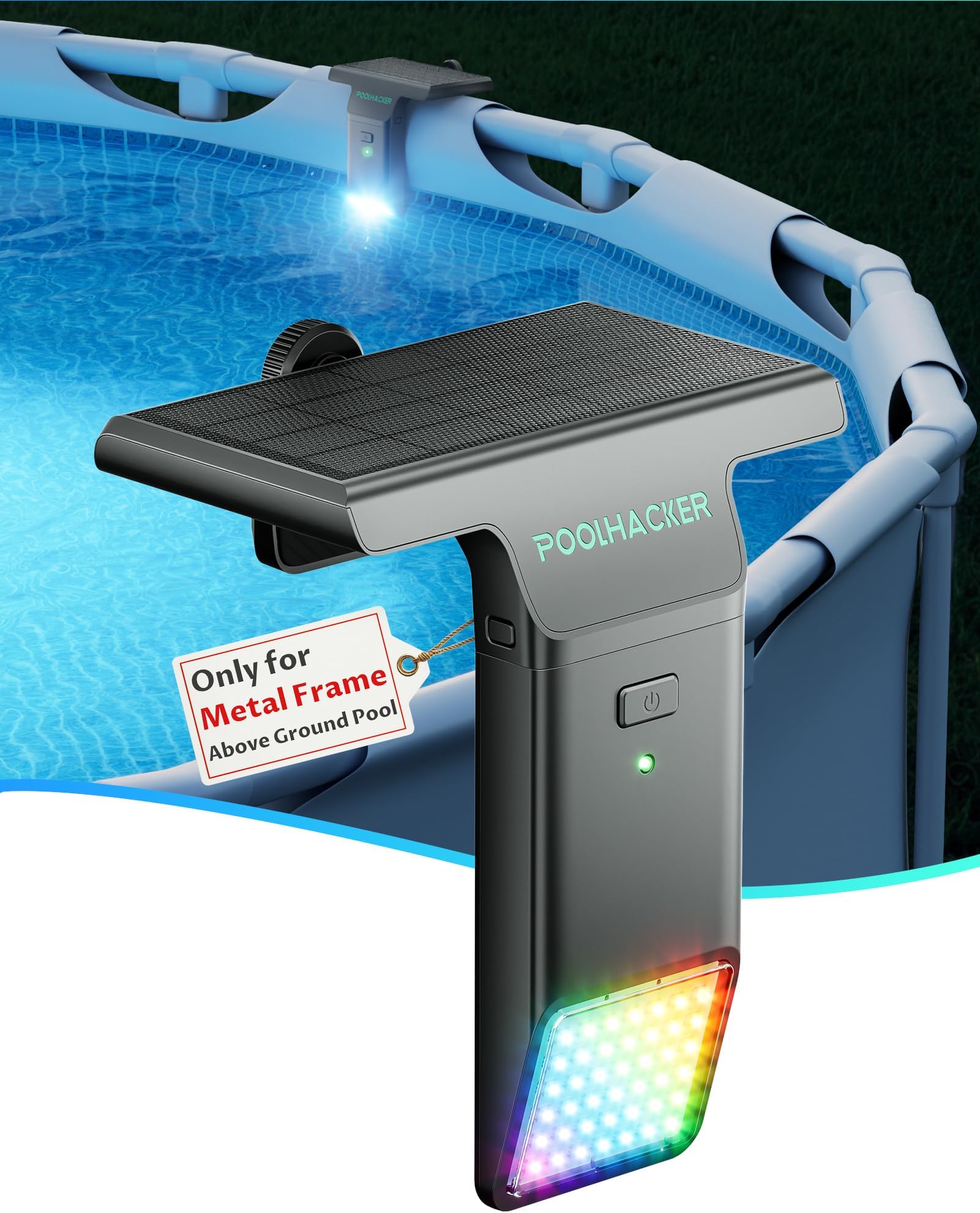 POOLHACKER Solar Pool Lights Only for Metal Frame Above Ground Pool【Original】, 10-Color 4-Mode Light Sensing LED, Underwater Lighting with Timer Off, Submersible Pool Lights with Remote, 1 Pack