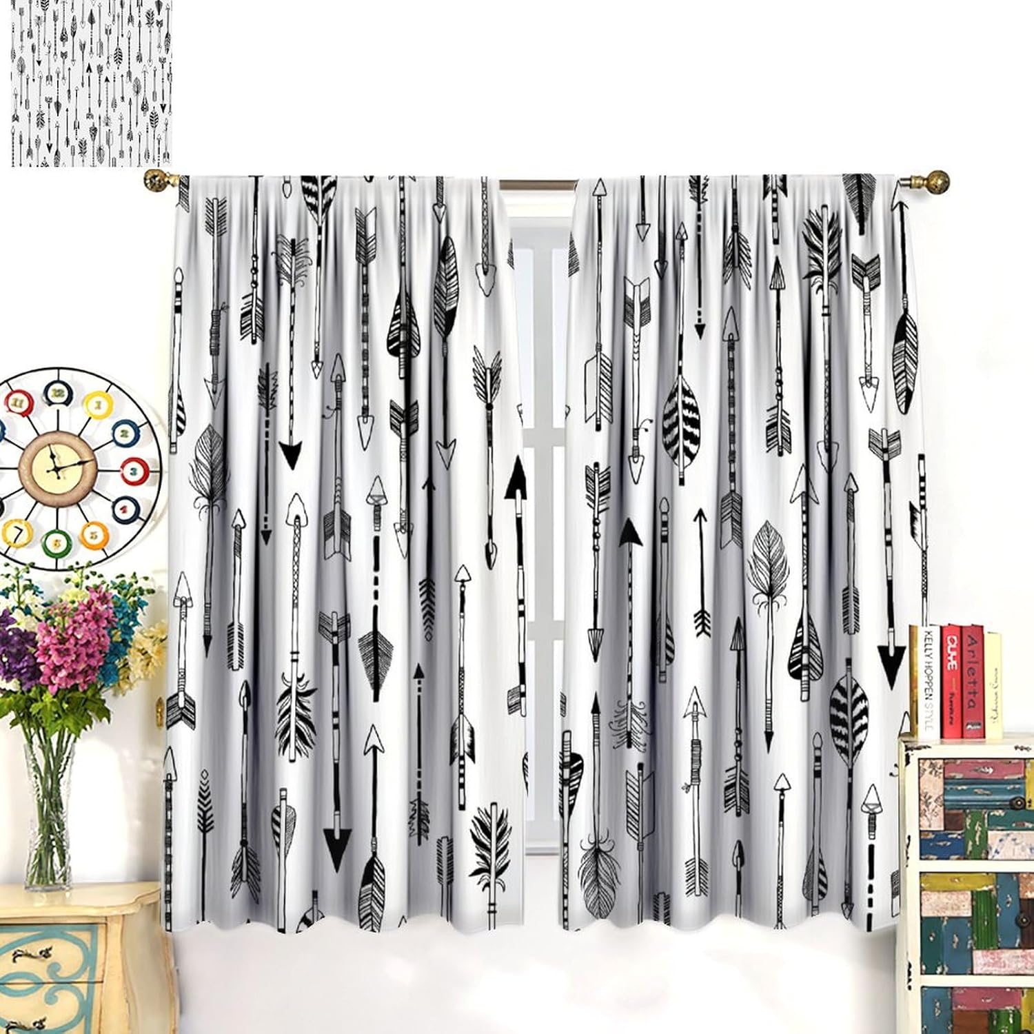 Vintage Black & White Arrow Curtains - Rustic Native American Western Farmhouse Arrow Print Thermal Insulated Blackout Curtains - Rod Pocket Window Treatment Drapes for Bedroom 2 Panels 63L x 36W