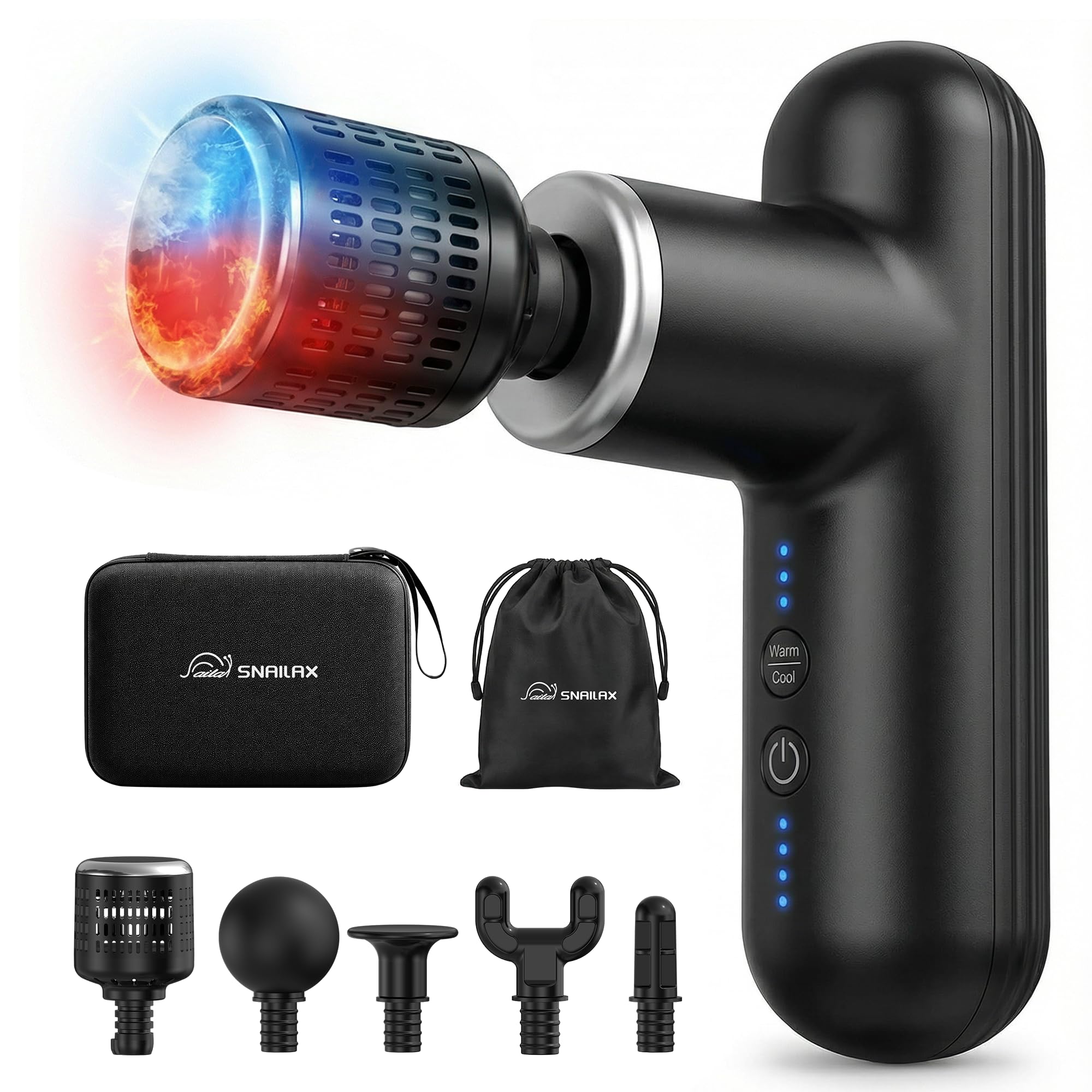 Snailax Pistolet de massage avec fonction chaleur et froid, moteur puissant | 6 niveaux de température, 5 têtes , étui EVA portable, charge USB-C, pour le sport, le bureau et la détente à domicile