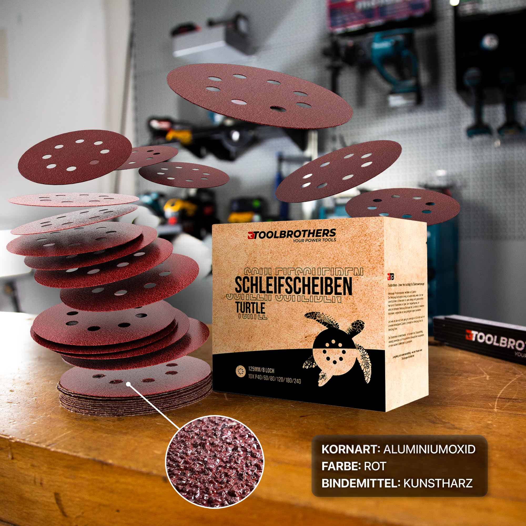 Toolbrothers TURTLE Premium - Juego de lijadora de 125 mm de velcro con 8 agujeros P40, P60, P80, P120, P180, 240, para madera dura, madera blanda, barniz, piedra, acero, aluminio, chapa (1)