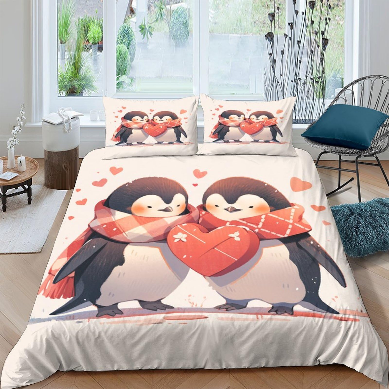 3D Gedruckt Niedliche Pinguin Pärchen Bettbezug Mikrofaser Sanft Schlafzimmerdeko Pinguin Bettwäsche Set für Zuhause Super King（260x220cm）