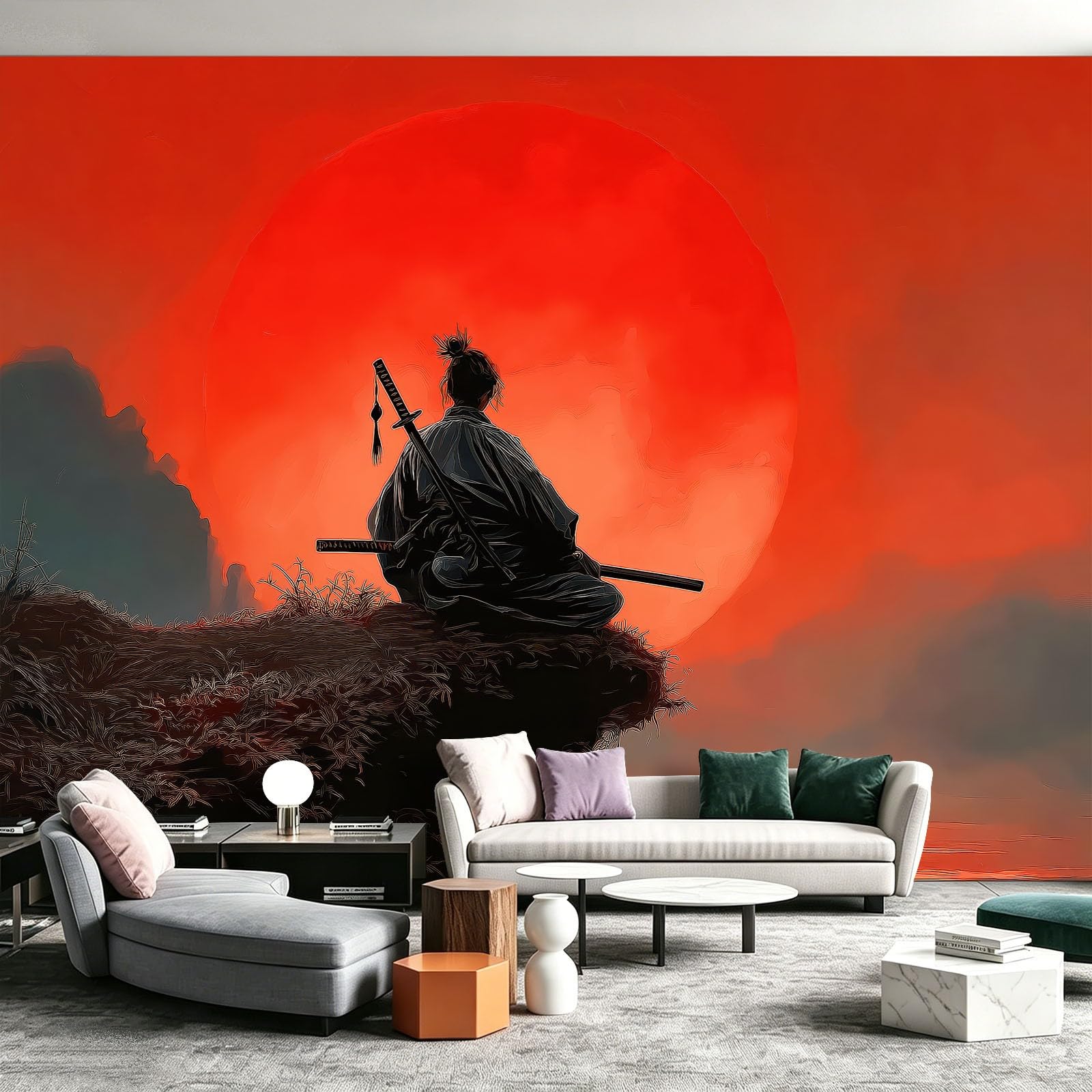 Papier peint panoramique samouraï soleil rouge 250x175 cm pour bureau et entrée