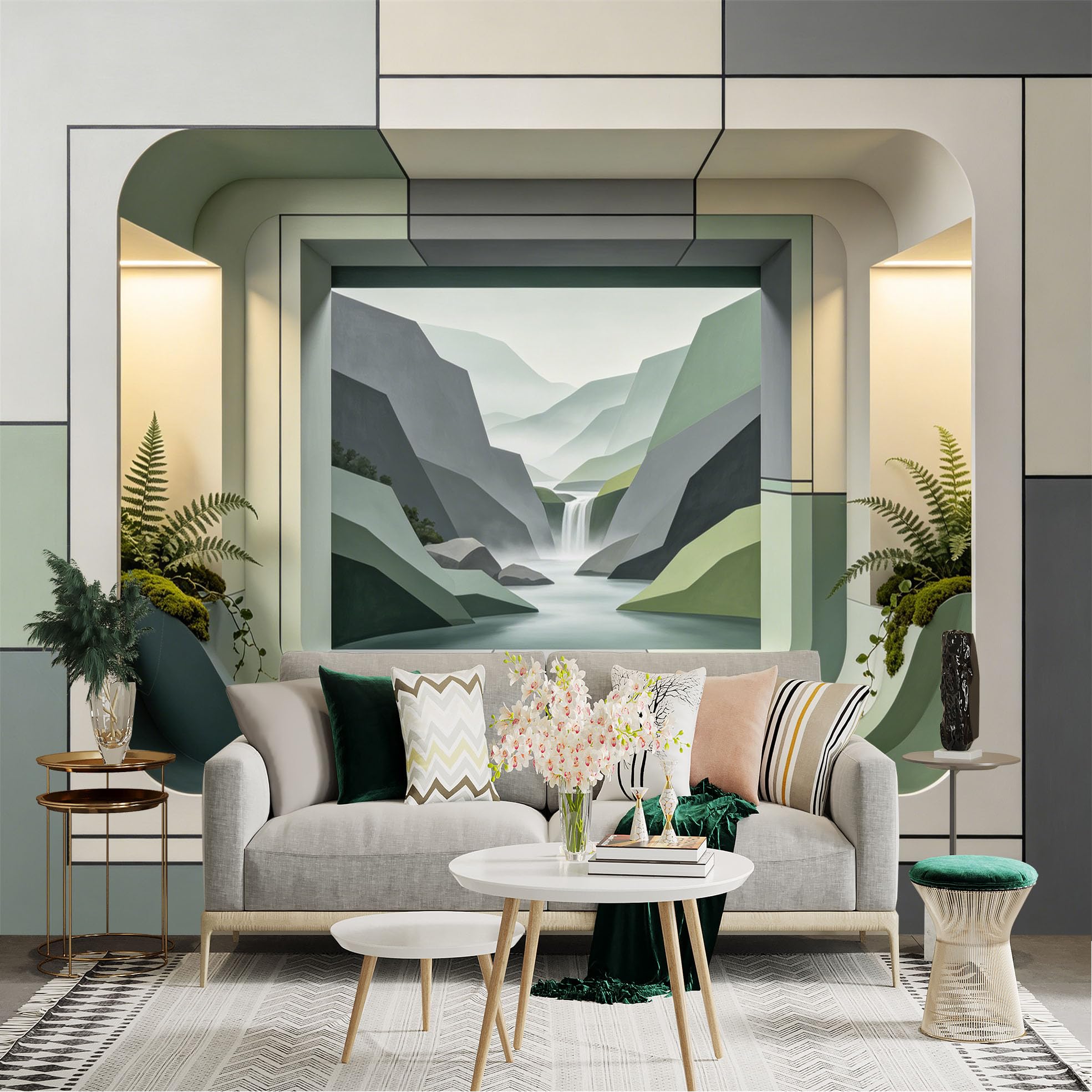 Custom Size Wall Sticker Mural， Geometric Archway with Waterfall Landscape and Green Mountains， for wall Decoration， peelandstick wall Decals.