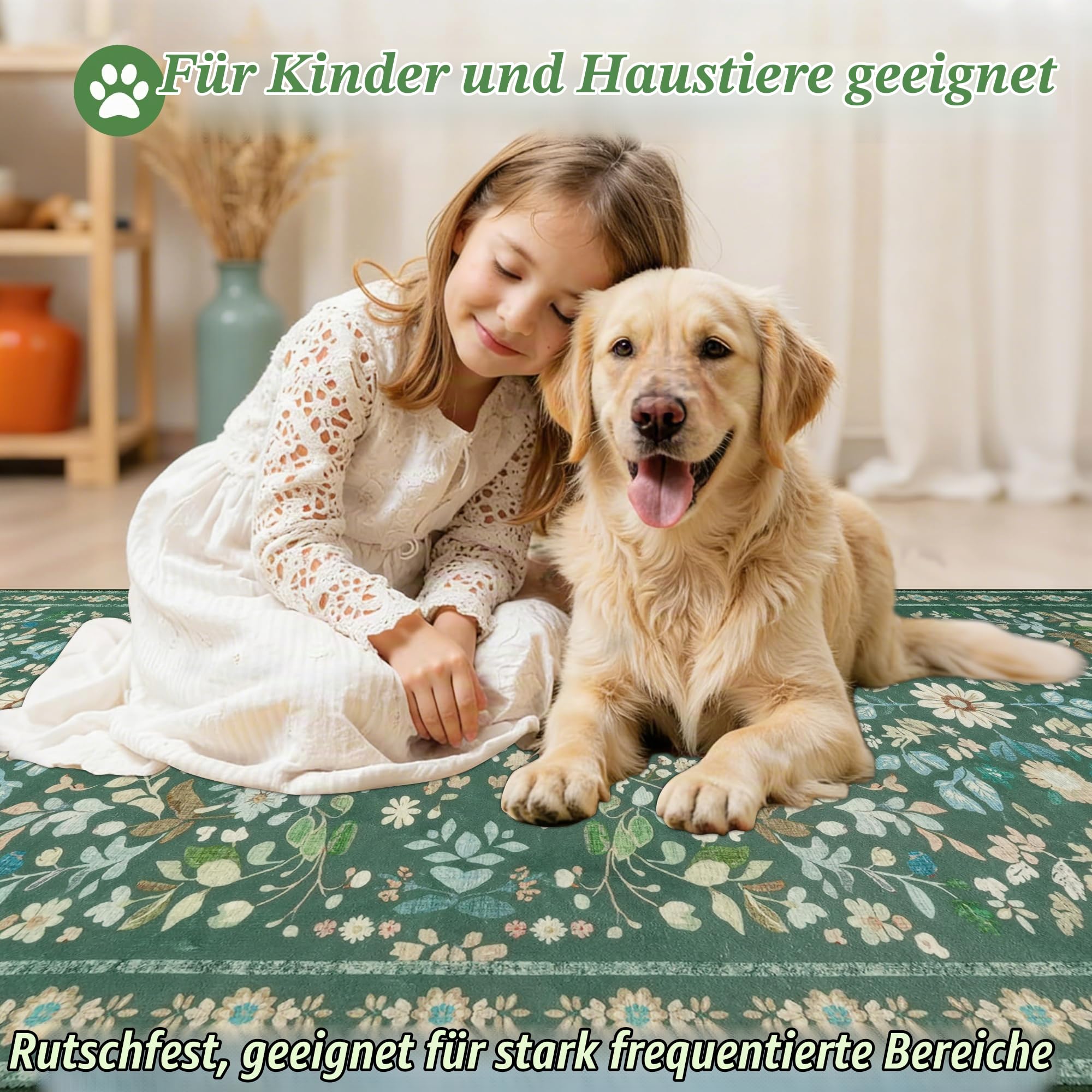 Homcomodar Blumen Teppich Läufer Flur rutschfest 80x300cm Läufer Küche Vintage Boho Teppiche Waschbar Küchenläufer Küchenteppich Grün Teppichläufer für Flur Küchen Eingang Wohnzimmer Schlafzimmer