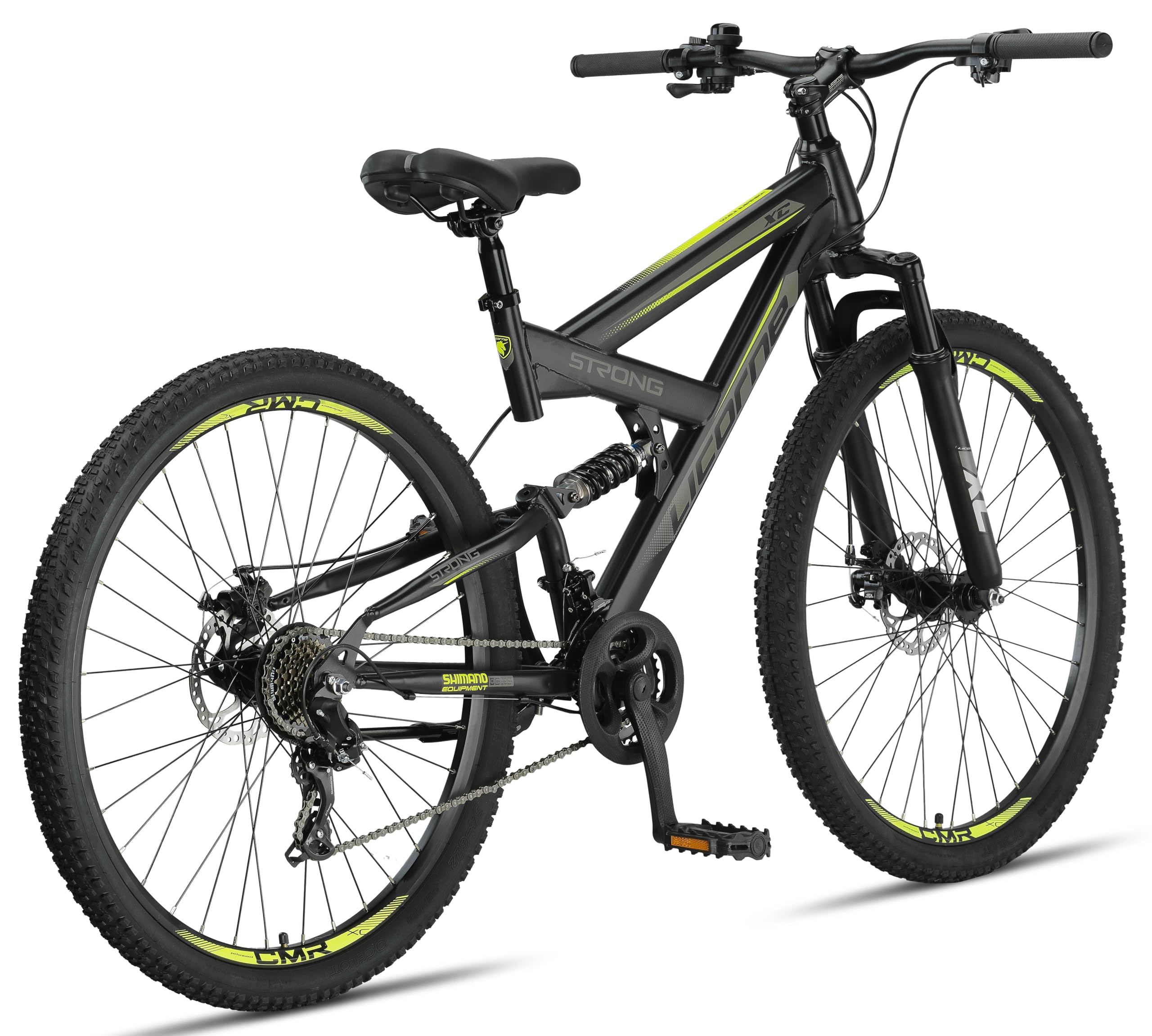 Licorne Bike Bicicleta de montaña Strong 2D, para niños, niñas, mujeres y hombres, freno de disco delantero y trasero, 21 velocidades, suspensión completa, negro/lima, 29 pulgadas, negro, lima