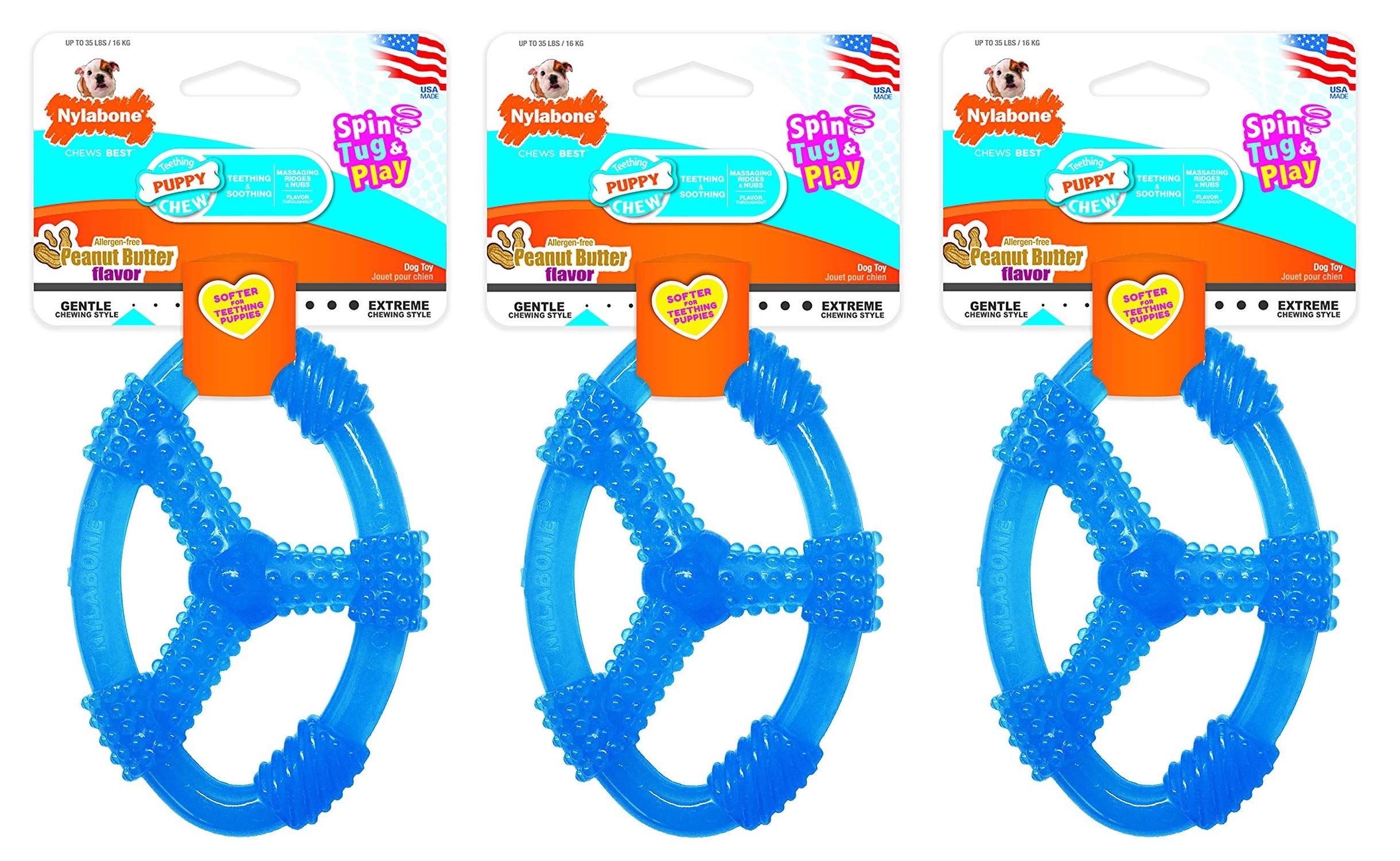 Nylabone Teething Puppy Chew Peanut Butter Chew Toy Dogs & Puppies - 3 Pack