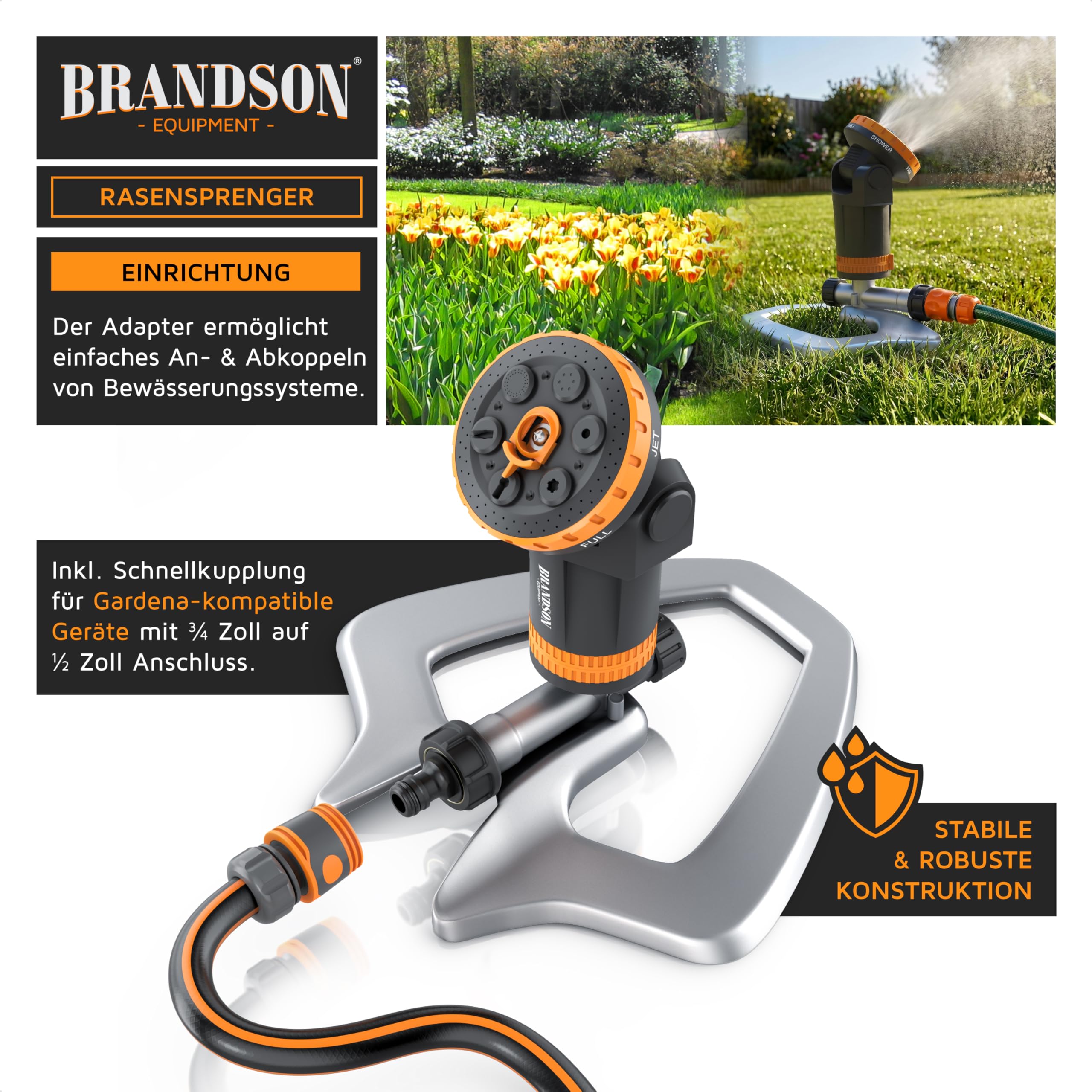 Brandson - Gartensprinkler mit Standfuß Metall – Garten Rasensprenger 3/4 Zoll - 6 Sprühmuster – 200 m2 Gesamtfläche - Einstellbarer Sprühwinkel – Bewässerungssektor bis 360° - Inkl Adapter 1/2 Zoll