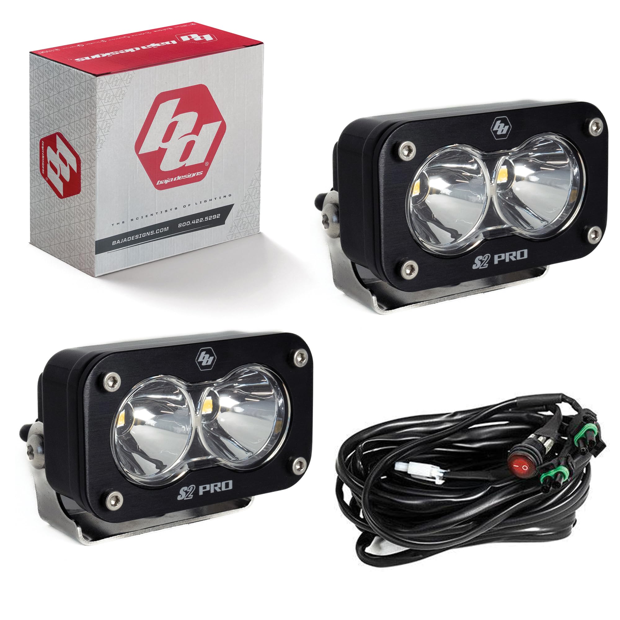 Baja Designs S2 Pro Black LED Auxillary Light Pods Pair - 2 PCS LED with Wiring Harness (Spot; Clear)