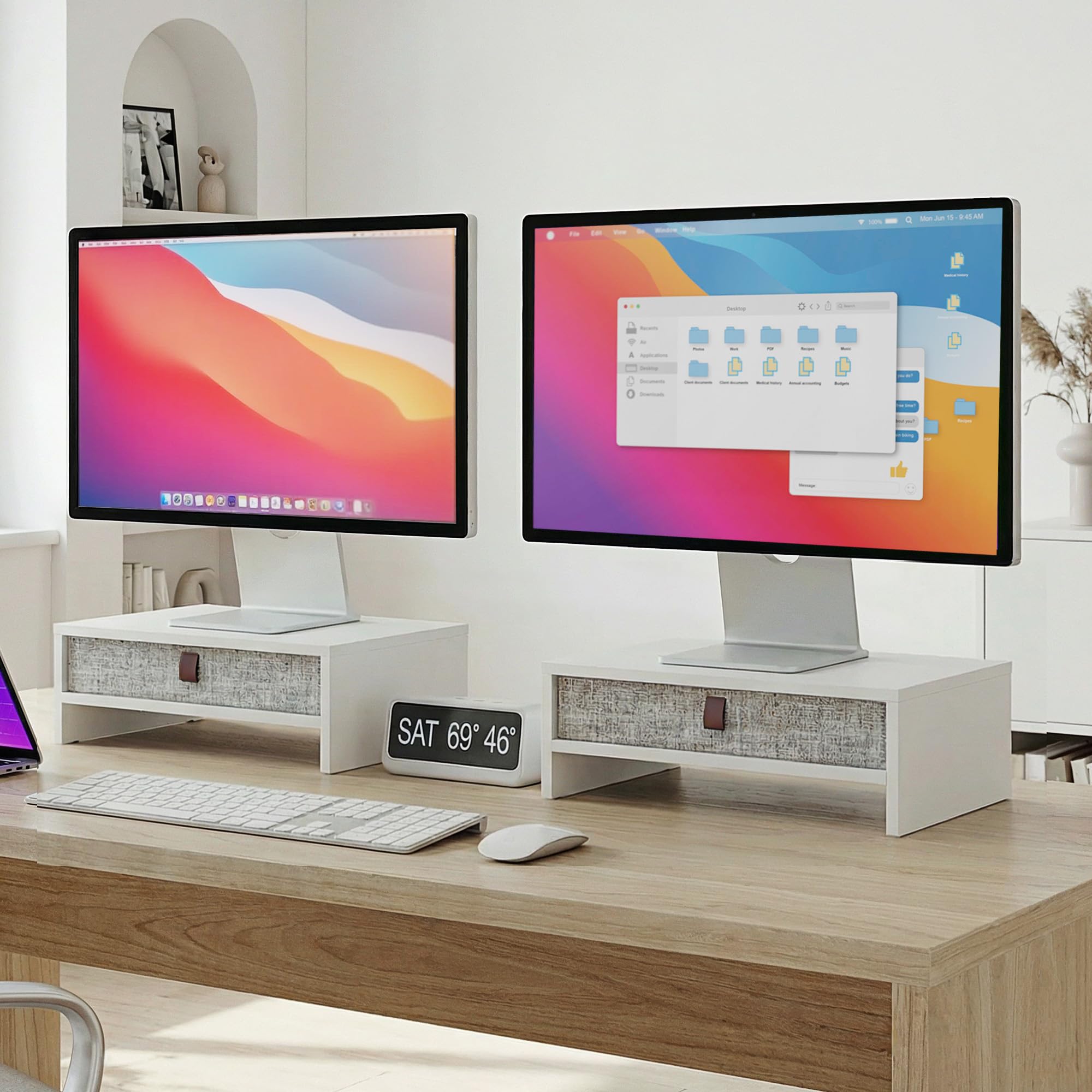 Fenge Supporto per Monitor con Cassetto, 42.5cm Rialzo Monitor da Scrivania, Organizzatore desktop per PC / Laptop / Stampante, 42,5 × 23,5 × 14,2 cm, Capacità di Carico 20KG (Bianco)