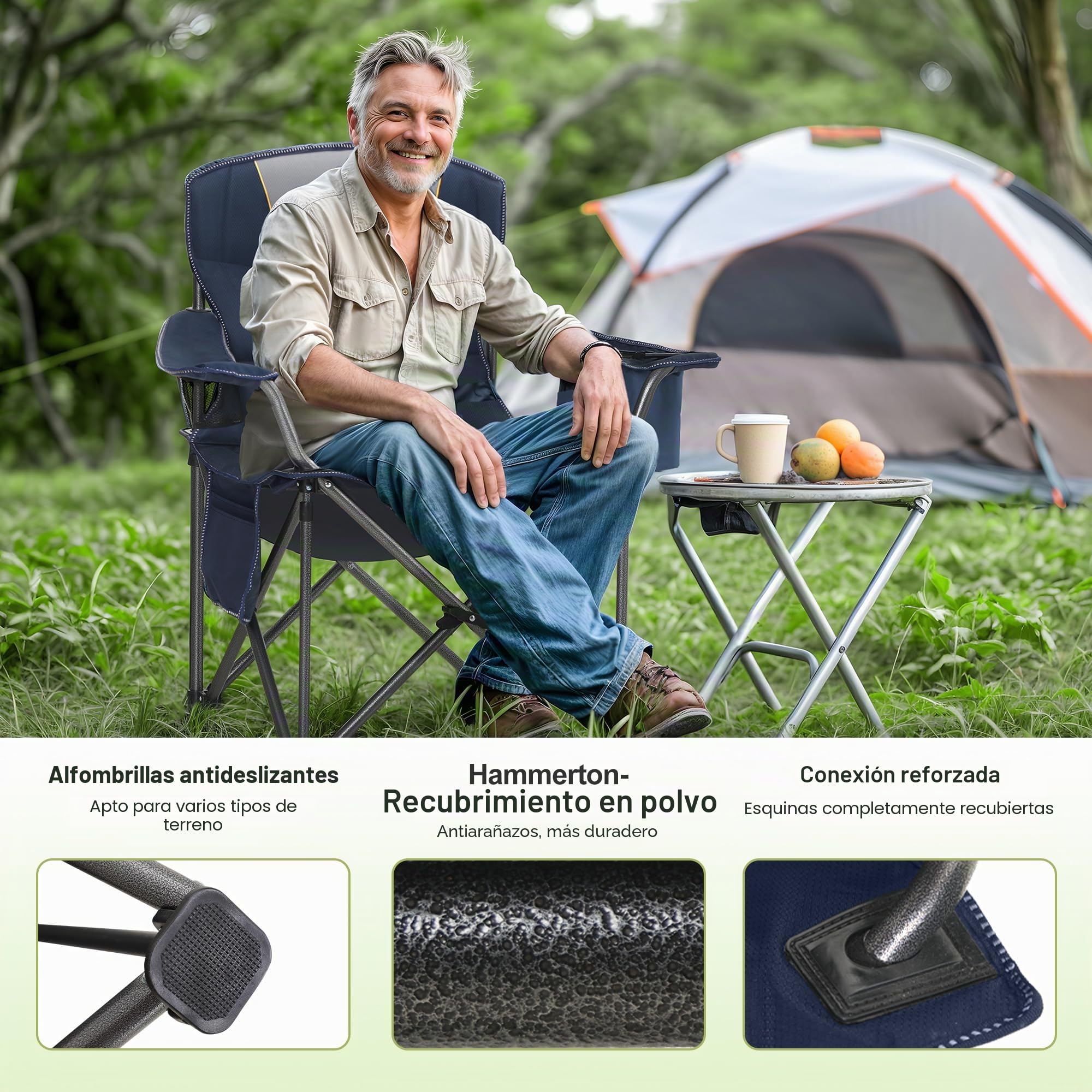 LET'S CAMP Silla de camping plegable de gran tamaño, hasta 200 kg | Con soporte para bebidas, bolsa isotérmica, silla plegable de exterior de Oxford 600D