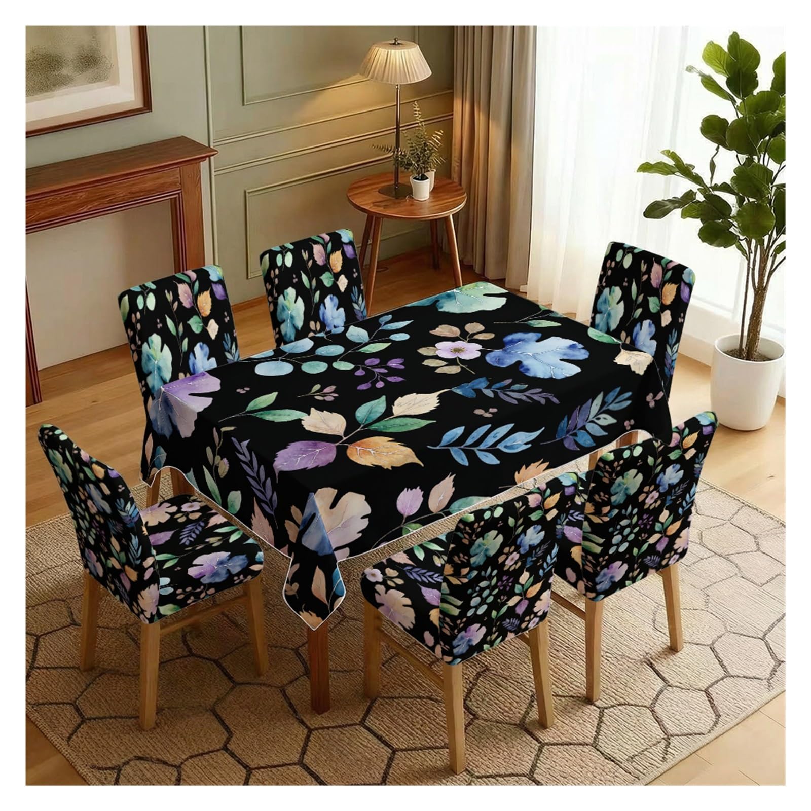 Housses de chaise extensibles et nappe assortie lavables pour cuisine moderne