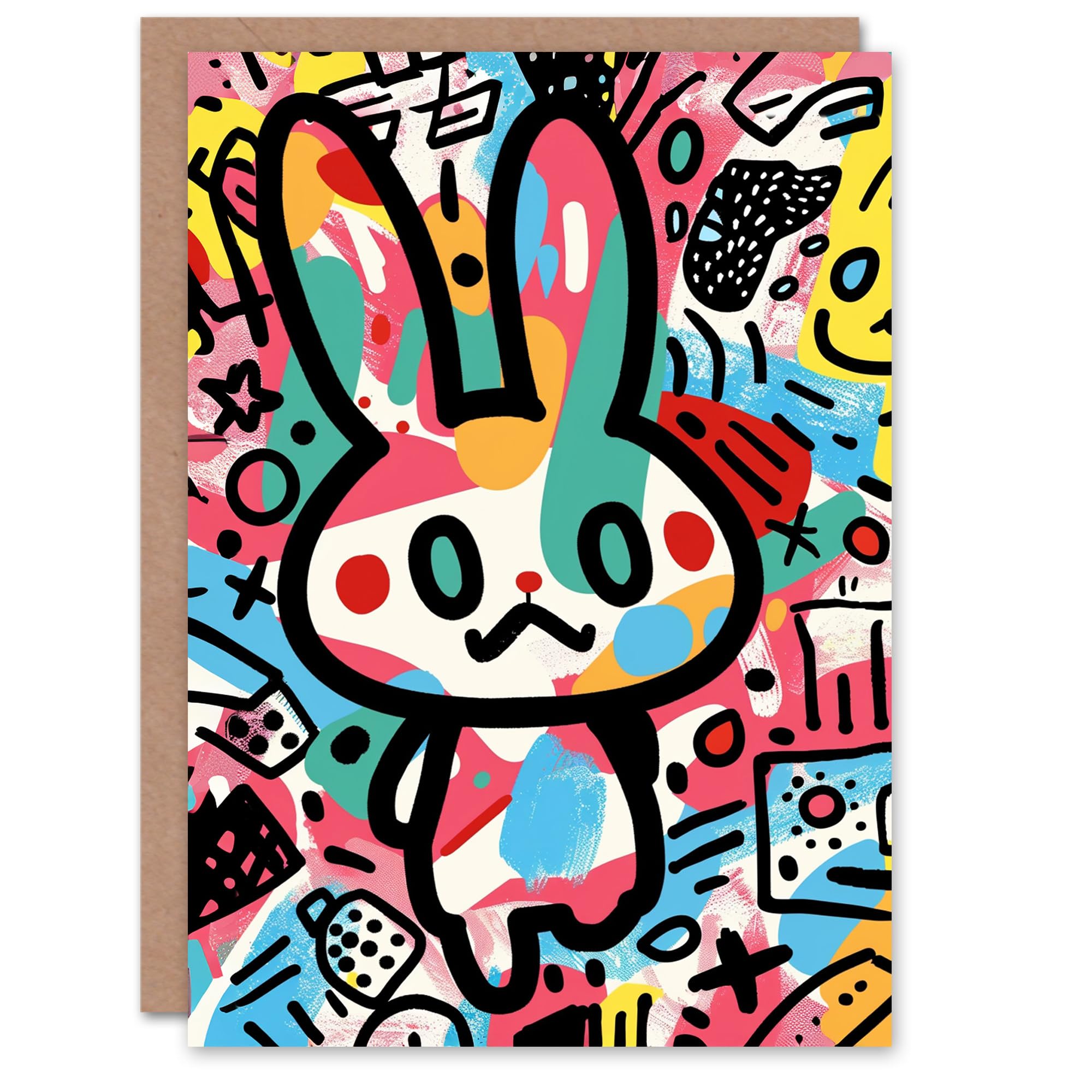 Artery8 Birthday Card Bunny Rabbit Cartoon Colourful Graffiti Style For Son Daughter Girl Boy Kids Happy Card