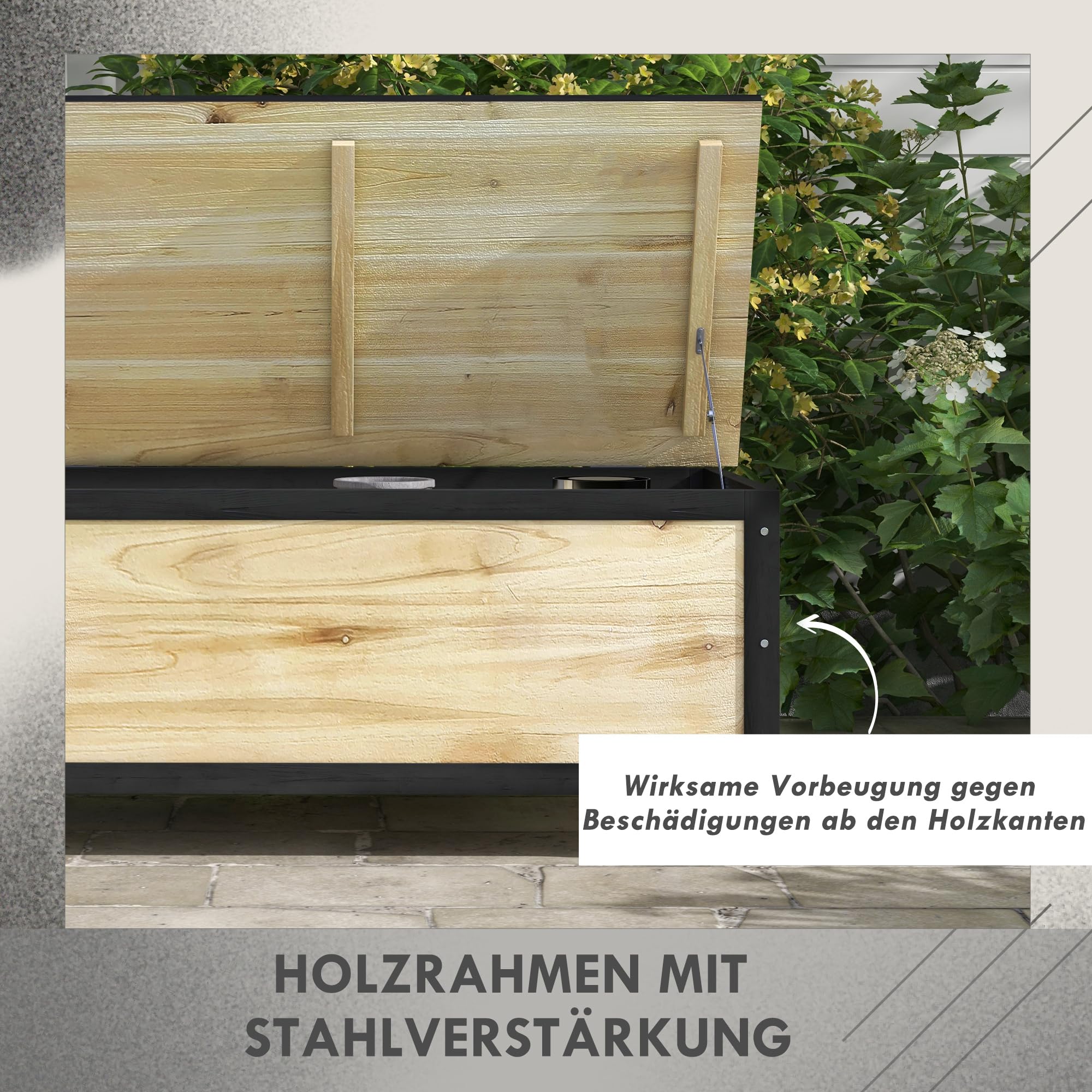 Outsunny Gartenbox 121L Auflagenbox mit Rollen Wetterbeständige Natur | Holz Aufbewahrungsbox, Aufbewahrungskiste, für Terrasse, Balkon