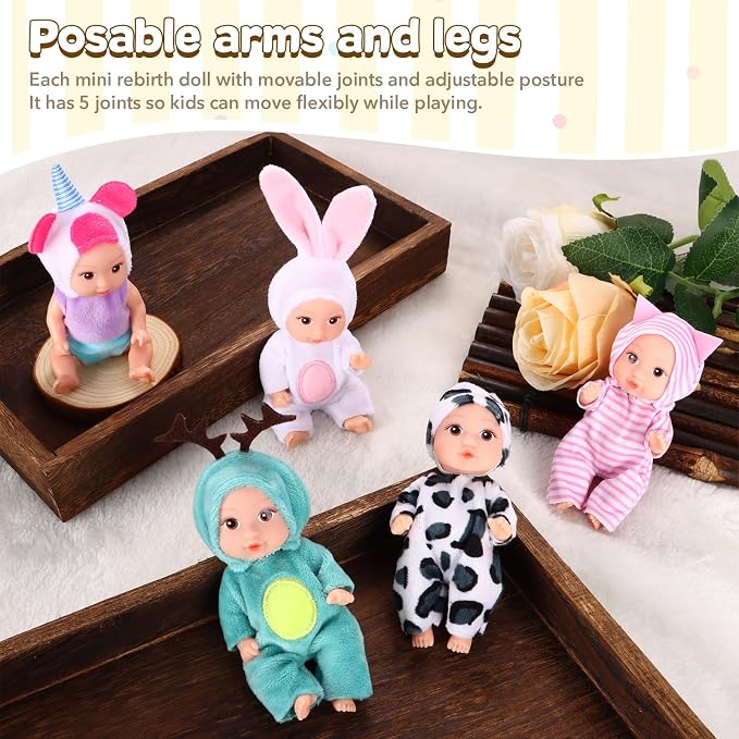 Juego de 10 muñecas bebé mini de 4 pulgadas con ropa animal miniatura 6