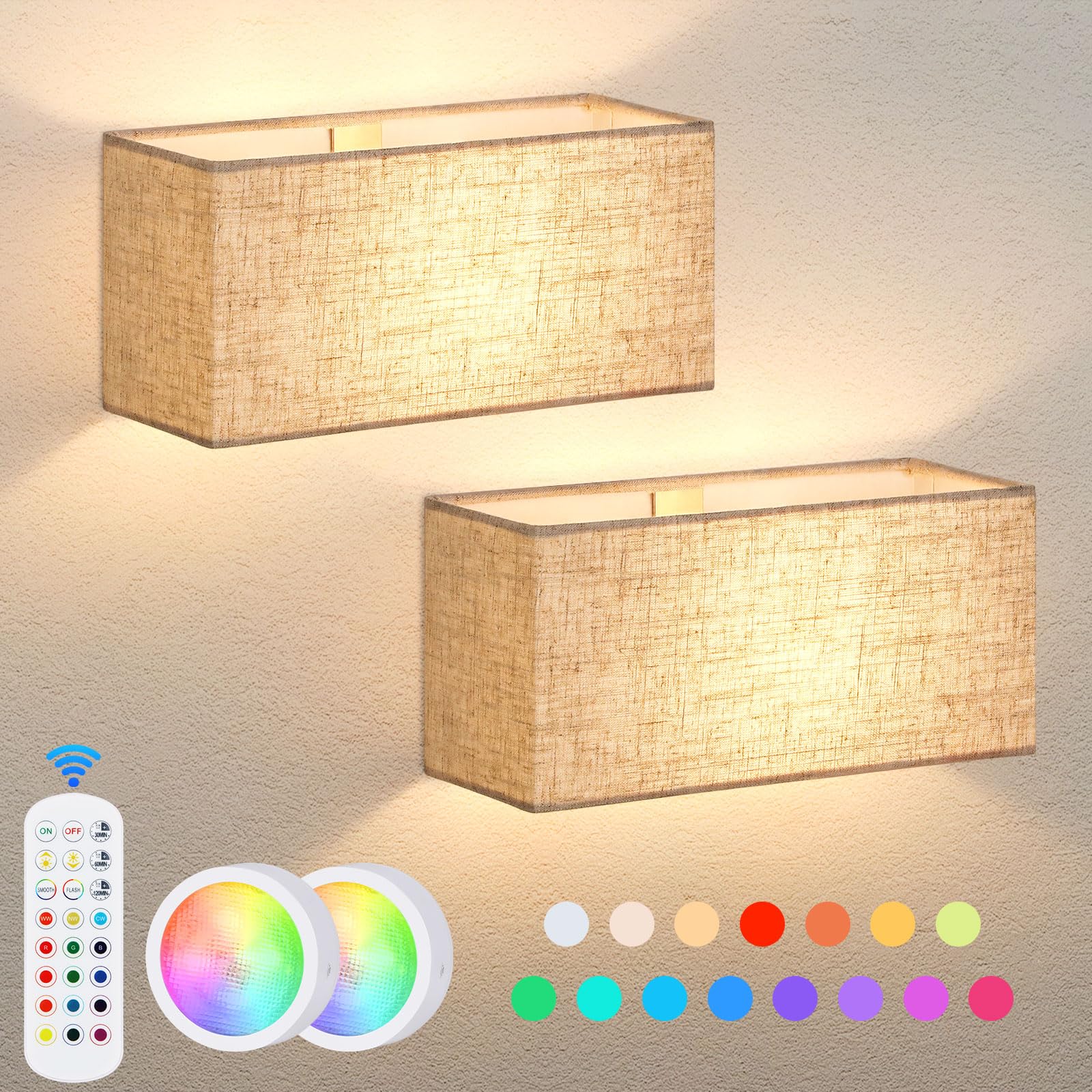 Photo 1 of Battery Operated Wall Sconces Set of 2 - Dimmable LED Wall Lights with Remote Control, 15 Color Changeable Wall Mounted Lamps with Fabric Shade, Magnetic LED Wall Light Fixtures for Bedroom Hallway