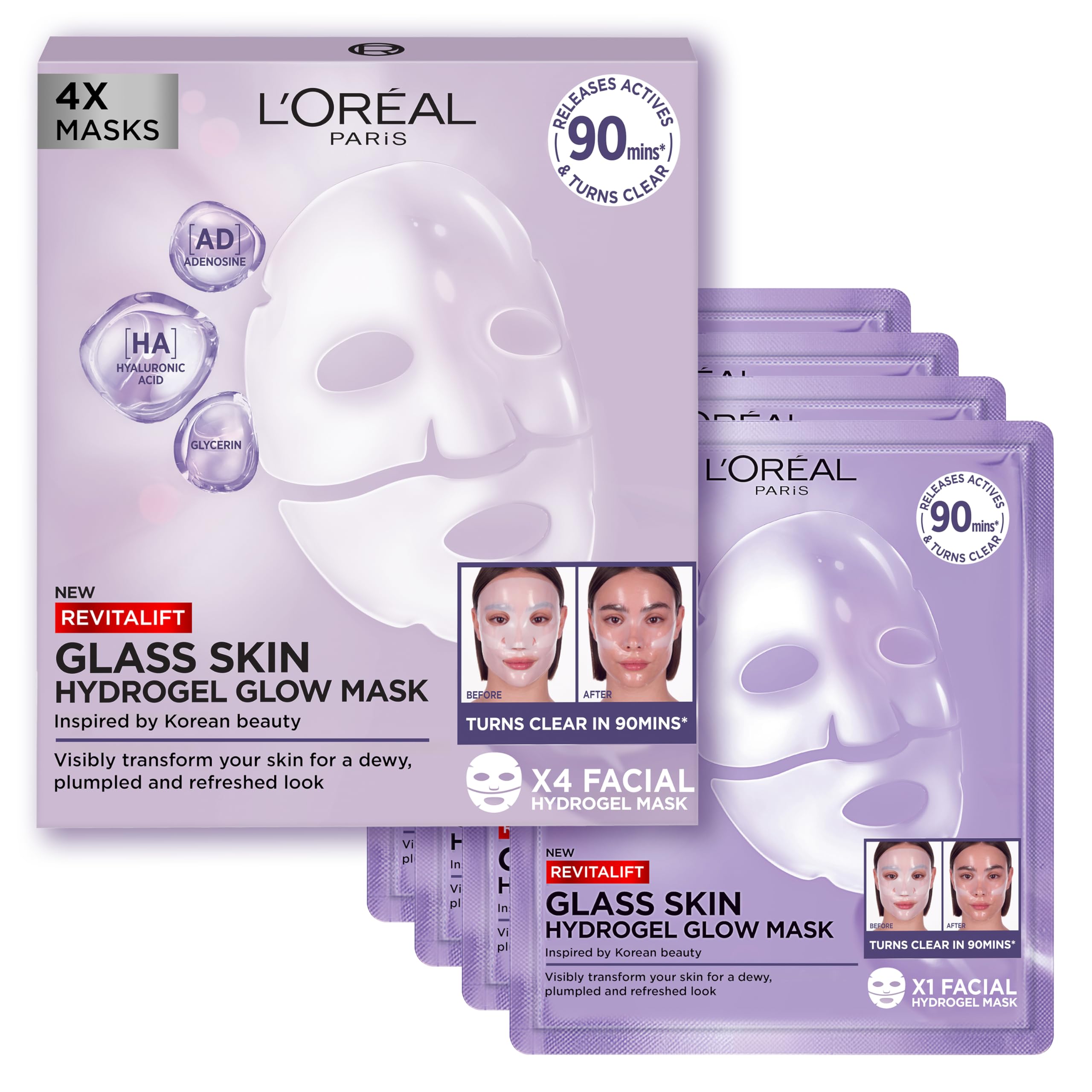 L'oréal Paris Revitalift Filler Glass Skin Hydrogel Glow Mask 4 Pcs | Refreshes Your Complexion In Just One Use | Delivers Results In Just 90 Minutes