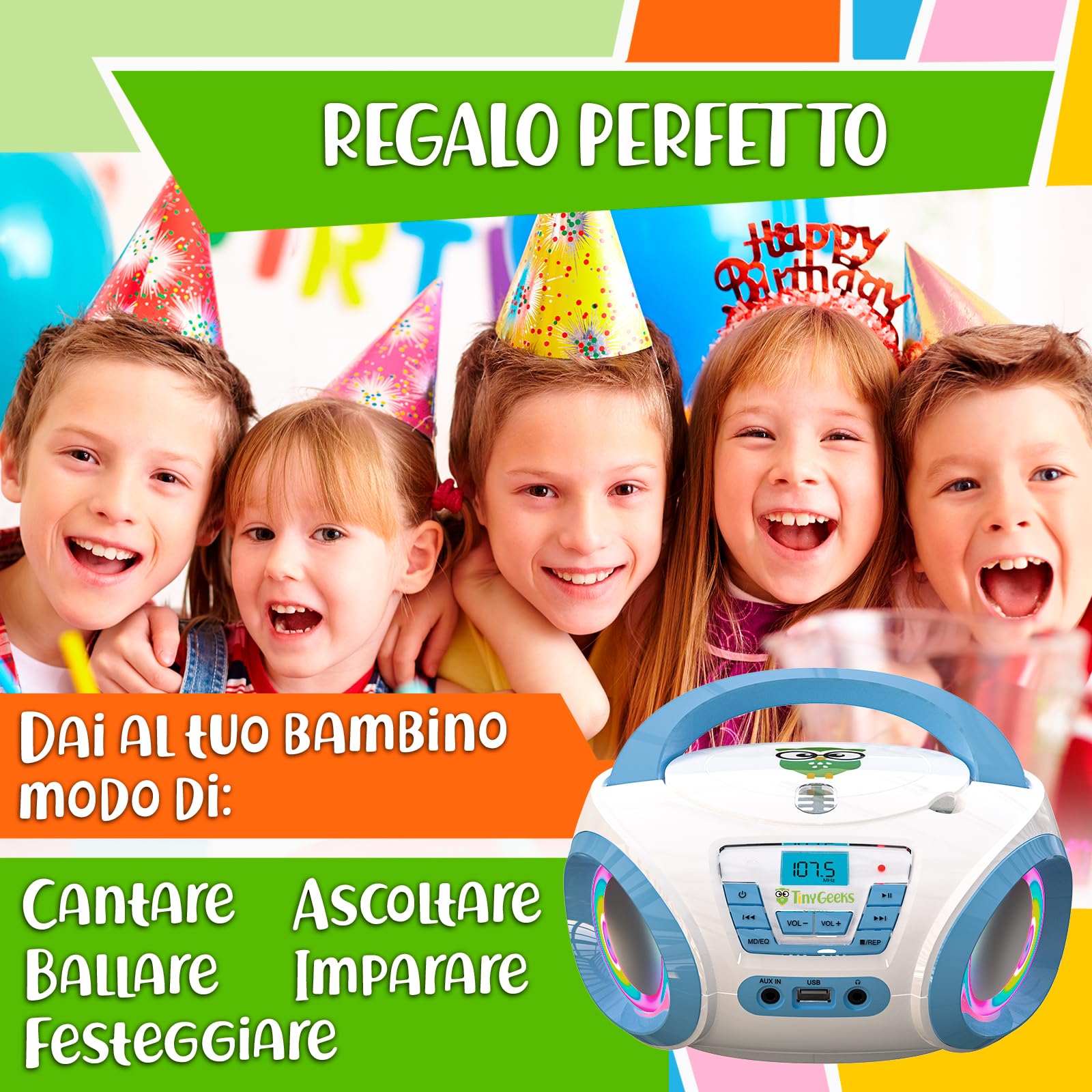 TinyGeeks Tunes CD PLAYER - NUOVO + Radio FM + Batterie incluse + LETTORE CD BAMBINI con altoparlanti + Regalo perfetto per bambini - Bianca