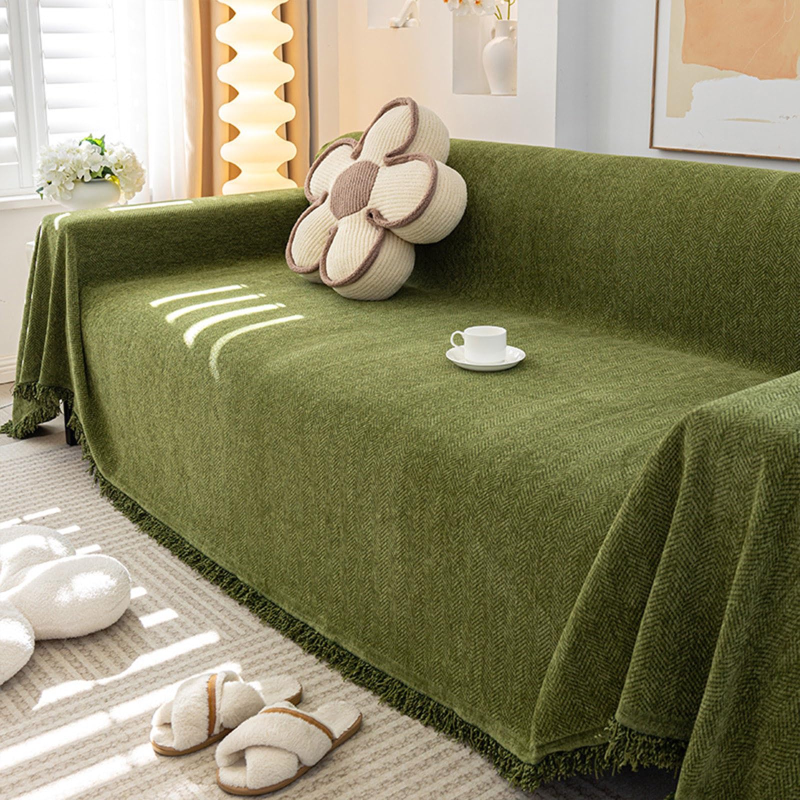 Housse de canapé en chenille vert olive 180x260cm avec pompons pour salon
