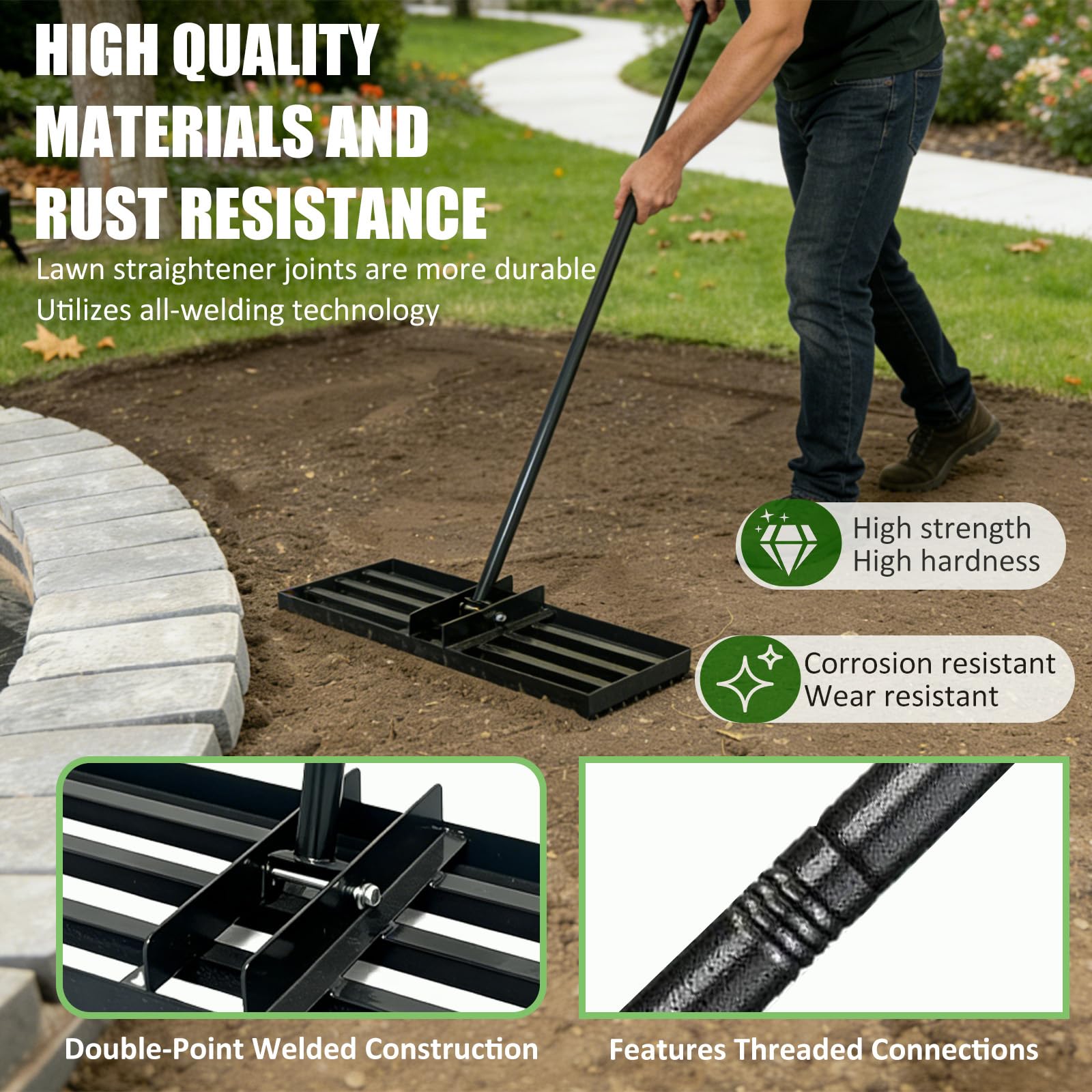 Lawn Levelling Rake uk with 200cm Long Handle, 75x25cm Leveling Base Ergonomic Effort Saving Garden Lawn Level Tool, Landscape Rake Soil Sand Dirt Ground Leveler Tool for Patio Yard Garden Golf Course — view 5