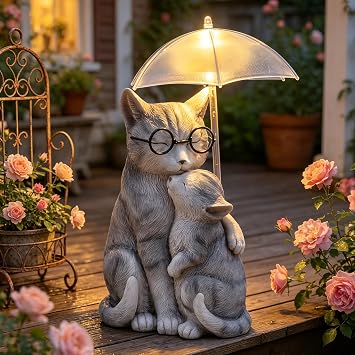 Solar Cat Statue Garden Decor, Mother and Baby Kitten with Umbrella LED Light, Loving Cat Figurines Yard Decorations Outdoor for Patio Balcony Porch Lawn Ornaments, Cat Gifts for Women Mom Grandma