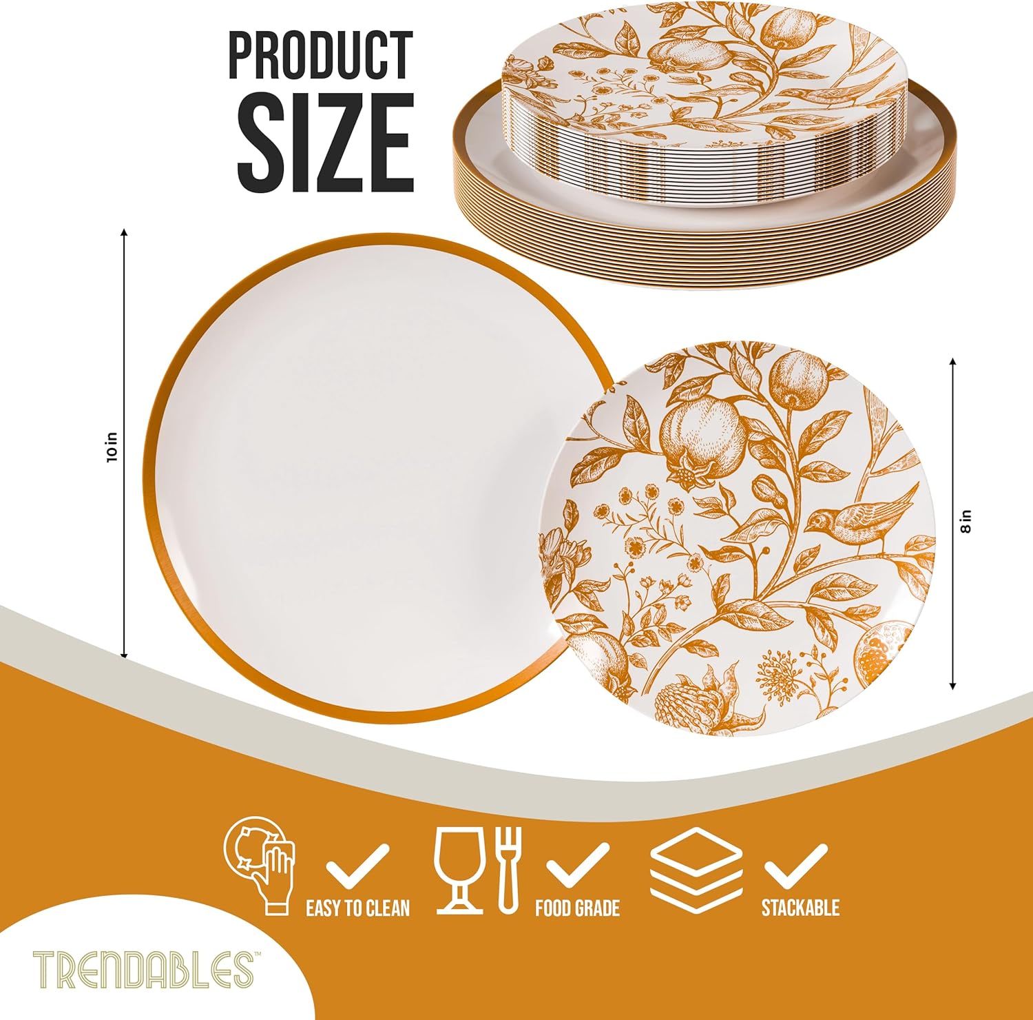 Trendables 80 Piece Plastic Disposable Plates Set For 40 Guests I 40 X 8 Inch Dessert Plates & 40 X 10 Inch Disposable Plastic Plates | Wedding Party Plates | White & Brown Pomegranate Design - Image 2
