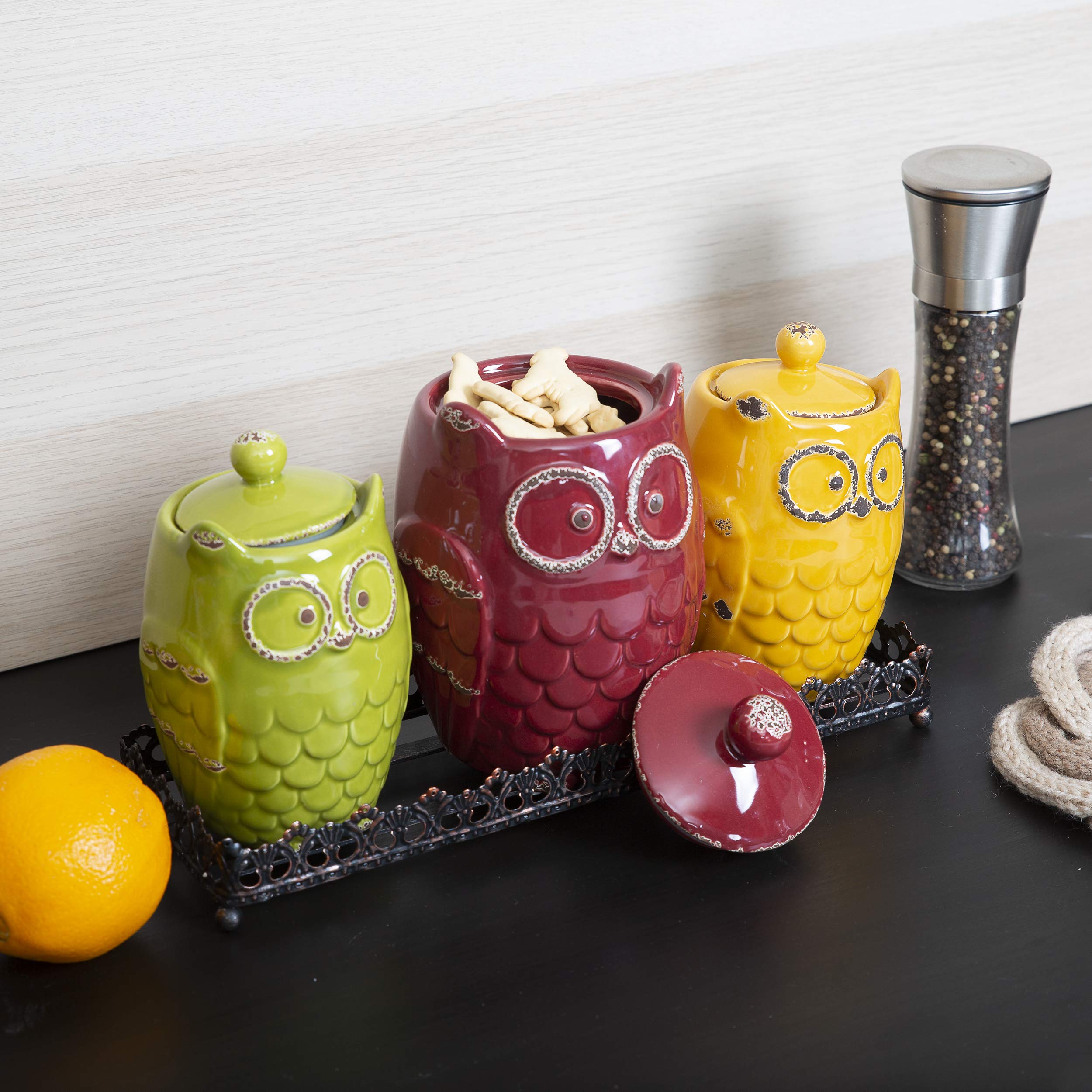 Kitchen Canister Set & Metal Tray Ceramic Canister Set with Base Earthenware Owl Design