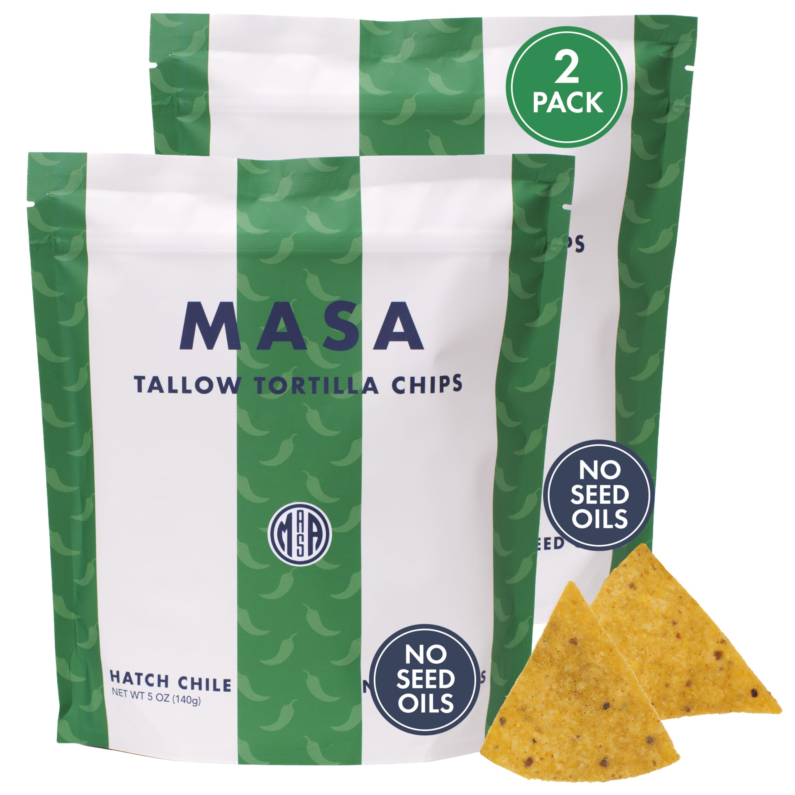 MASA Chips Hatch Green Chile Corn Tortilla Chips Cooked in Beef Tallow – Seed Oil Free Snack, 2pk×5 oz each– Handmade with Naturally Grown Corn, Hatch