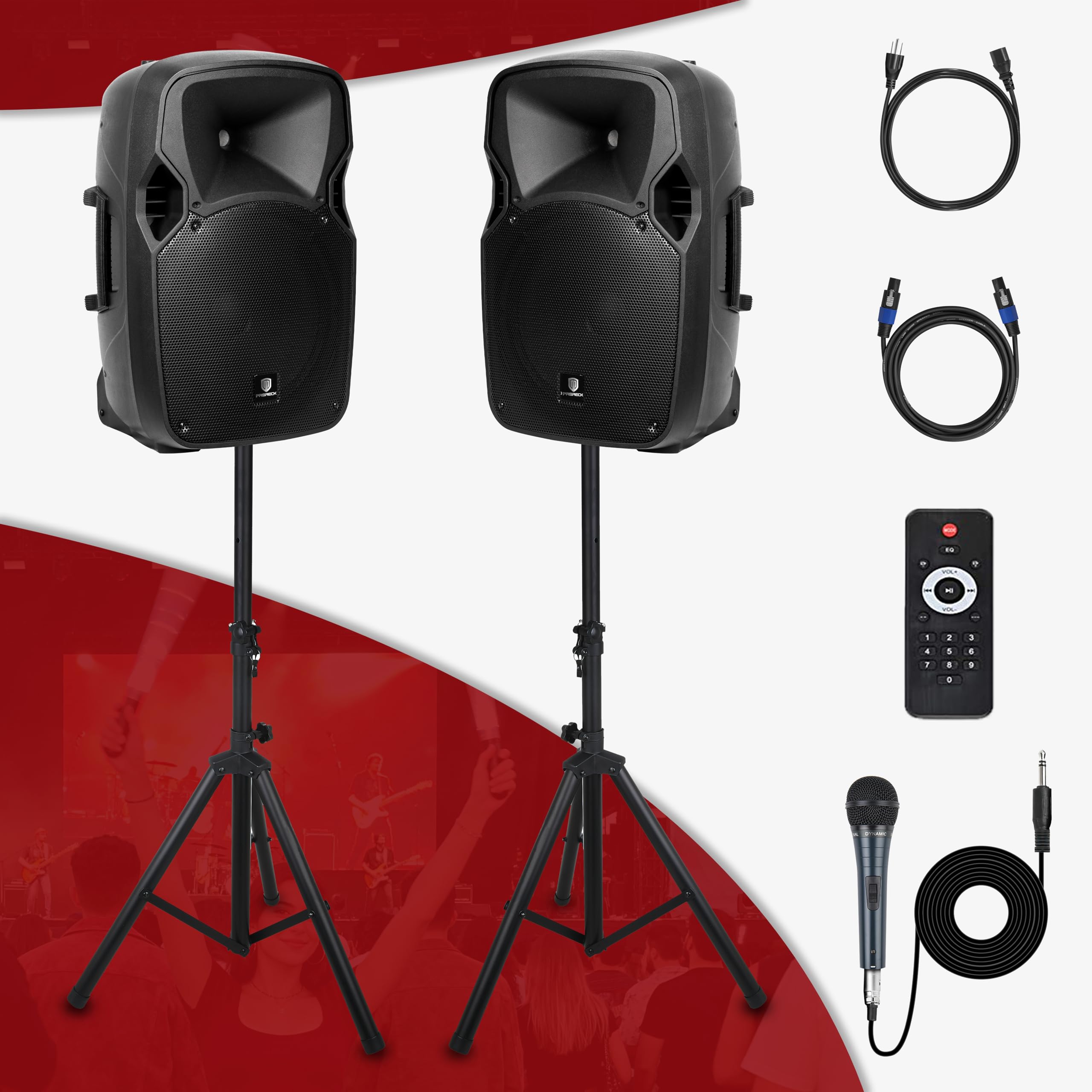 PRORECK Party 12 12-Zoll-2-Wege-Aktiv-PA-Lautsprechersystem-Kombiset mit 1000 Watt, Bluetooth/USB-Laufwerk-Lesefunktion/SD-Kartenleser/FM-Radio/Lautsprecherständer