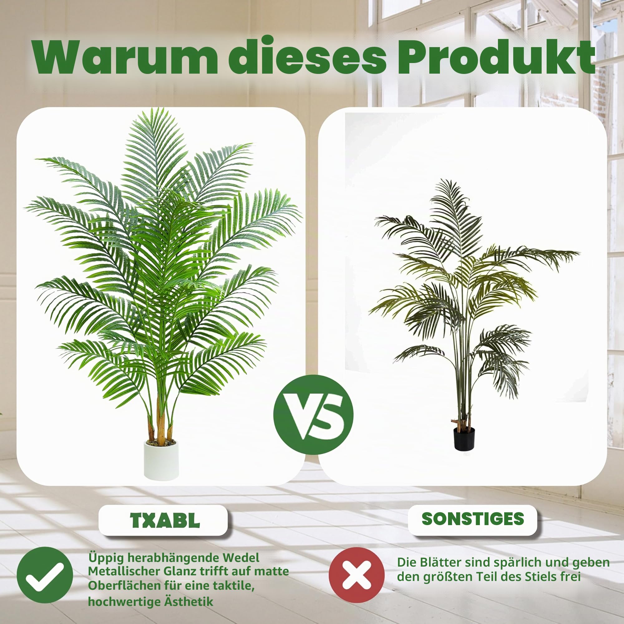 Künstliche Palme Pflanze 180 cm, Kunstpflanzen Groß mit Weißer Topf | 18 Blätter Fake Areca Palme Pflanzen, Fake Plant Kunstpflanze für Zimmer Wohnzimmer Schlafzimmer Büro Balkon Garten Deko