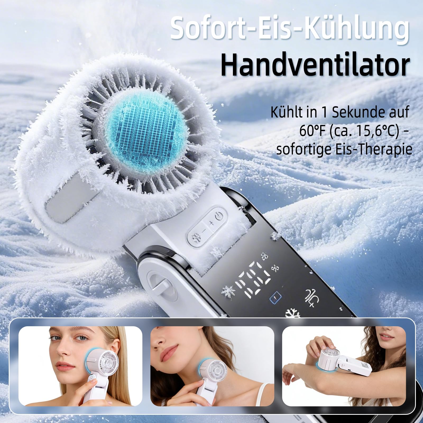 Handventilator Akku Aufladbar, Tragbarer Klein Turbo-Ventilator mit 100 Stufen Wind, 3-in-1 Mini Ventilator Leise für Hand, Hals und Tisch, Faltbarer USB Fan für Reisen, Büro und Outdoor