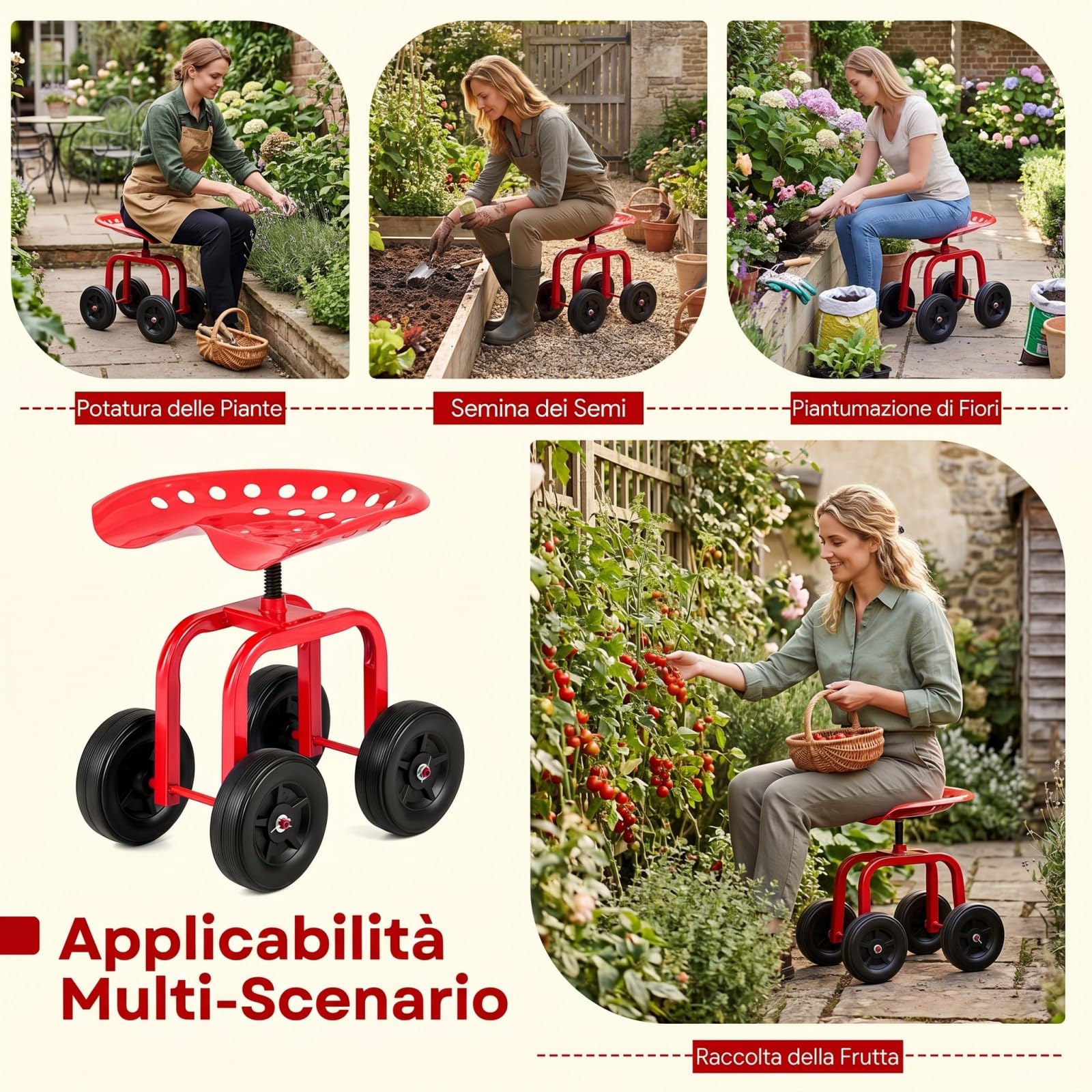 COSTWAY Sgabello con Ruote per Giardinaggio, Sedile con Ruote Regolabile in Altezza e Portatile, Seggiolino da Giardino, Prato e Cortile, Portata 150kg (Rosso)