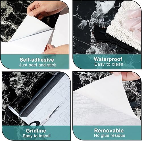 Miniatura 5 de Arthome - Papel de contacto de mármol negro, papel negro para despegar y pegar, papel tapiz autoadhesivo (negro plateado, 23.6 x 120 pulgadas)