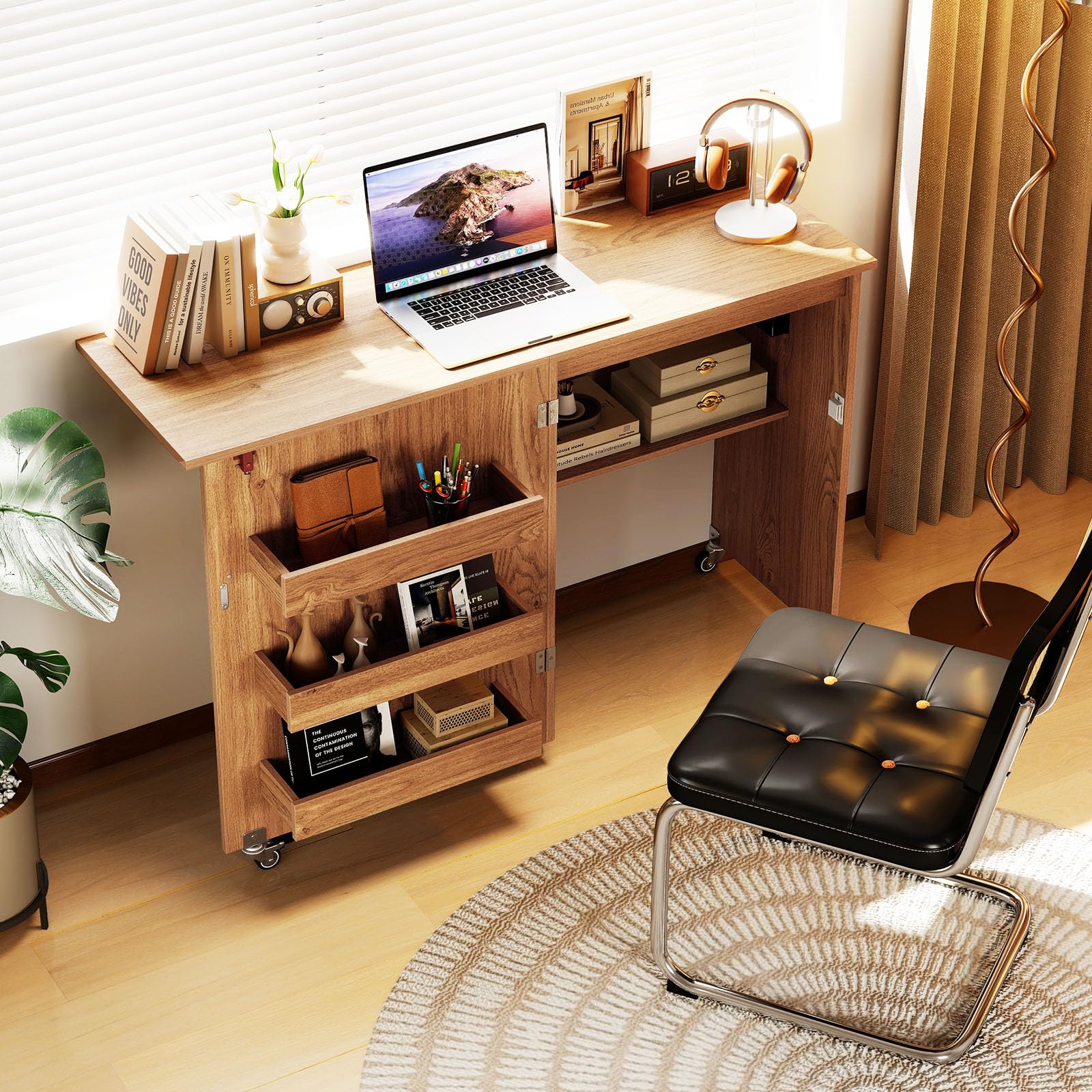 LIFEZEAL Table de Couture Pliable avec Station de Charge, Armoire Mobile pour Machine à Coudre avec étagère et tiroirs, Armoire à Couture multifonctionnelle, avec roulettes, pour la Maison (Naturel)