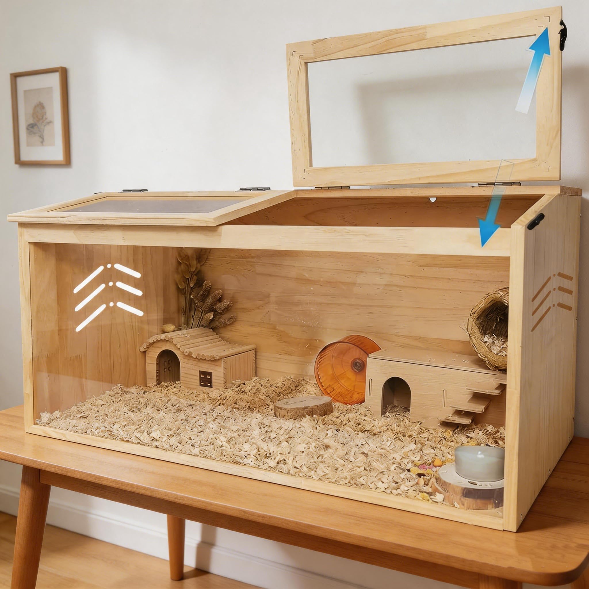 Garvee Cage en Bois 80x40x40cm spacieuse pour Petits Animaux, Toit Acrylique ouvrant, Porte Oblique, Excellente Ventilation, idéale pour Hamster syrien, Gerbille, Souris, Cochon d’Inde, Chinchilla