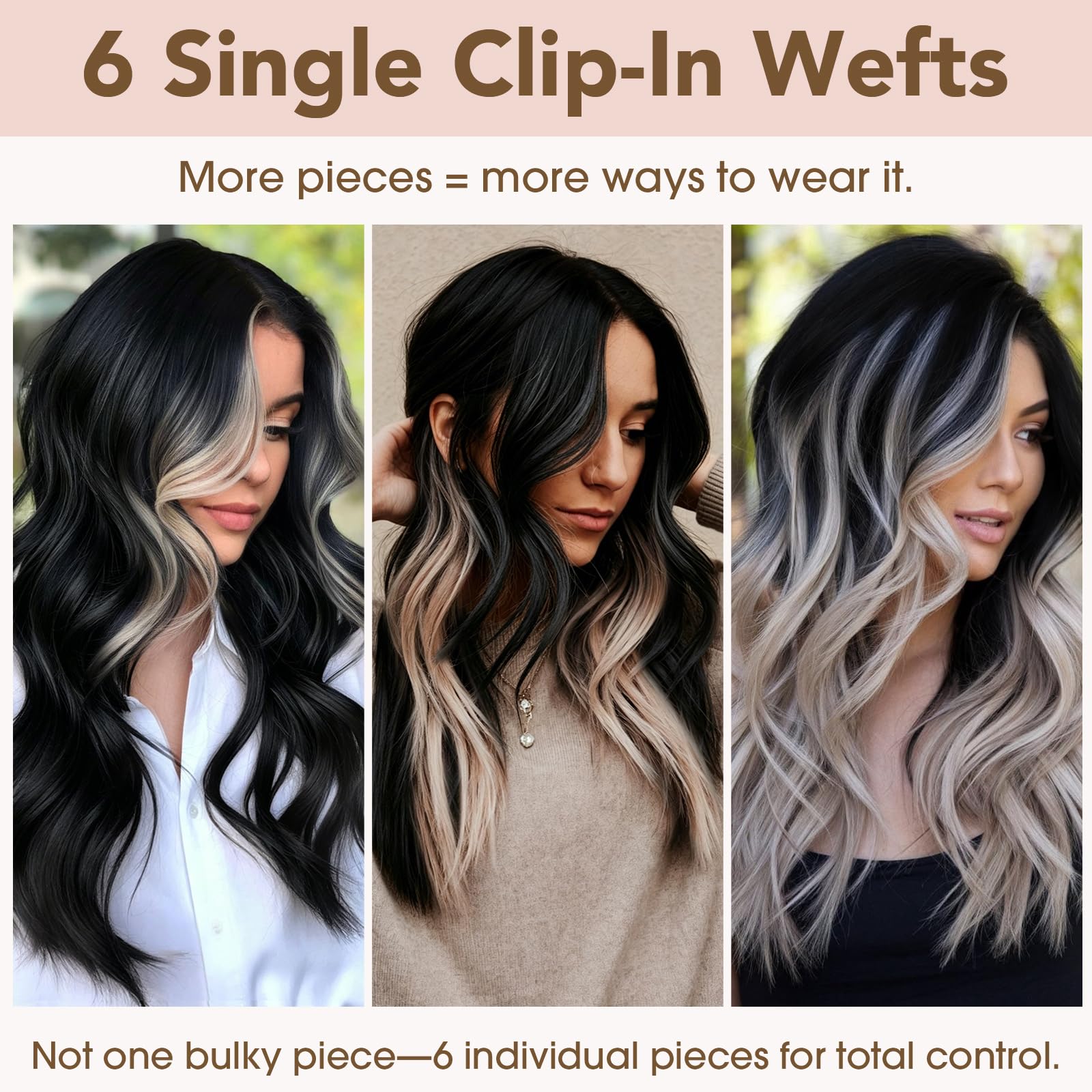 TESS Clip in Extensions Echthaar 6stk 40g, 6 Clip in Haarverlängerung Echthaar Extensions Spitzennetz Remy Extensions 40cm 1BTG4# Naturschwarz/Grau