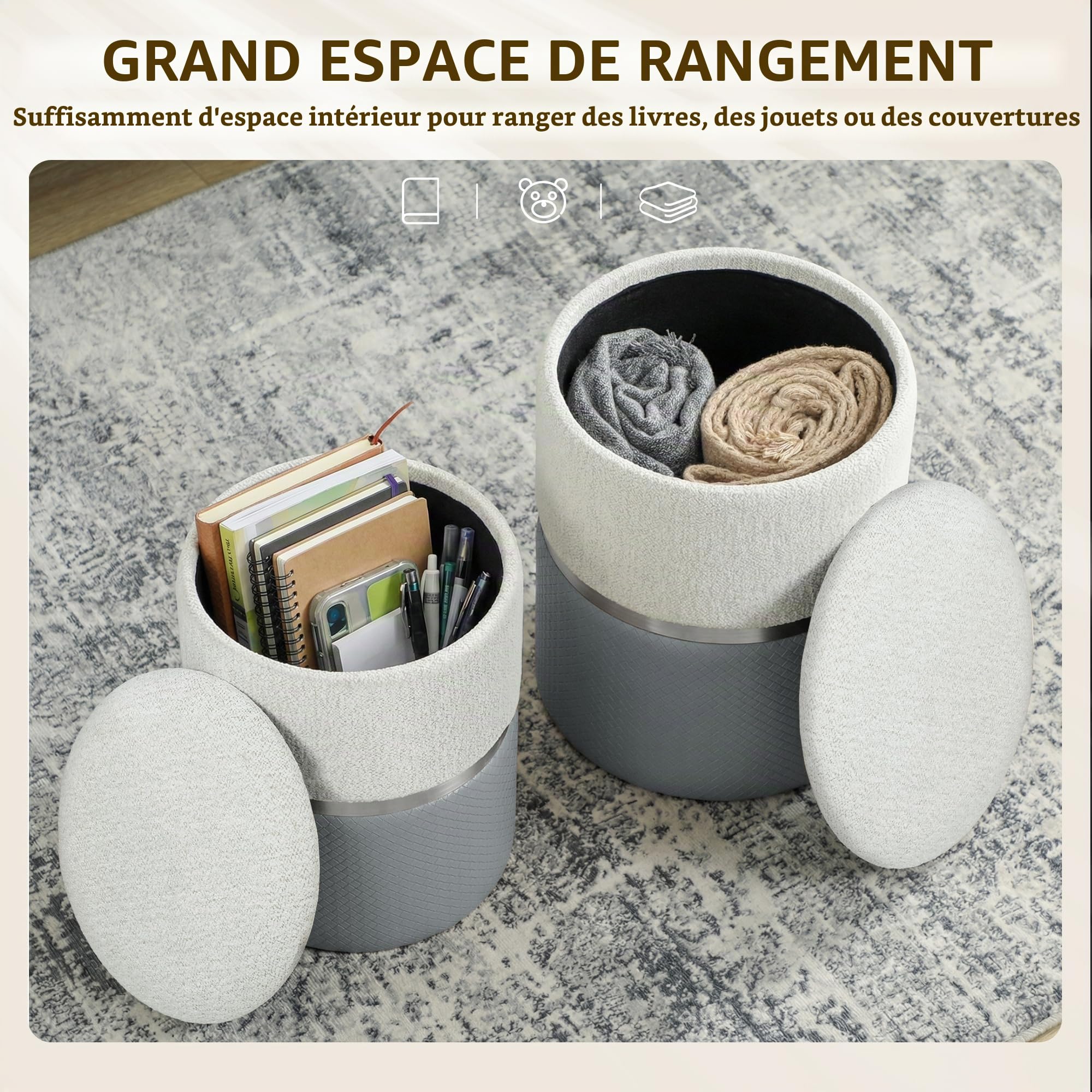 HOMCOM Lot de 2 poufs de Rangement, Gris et crème
