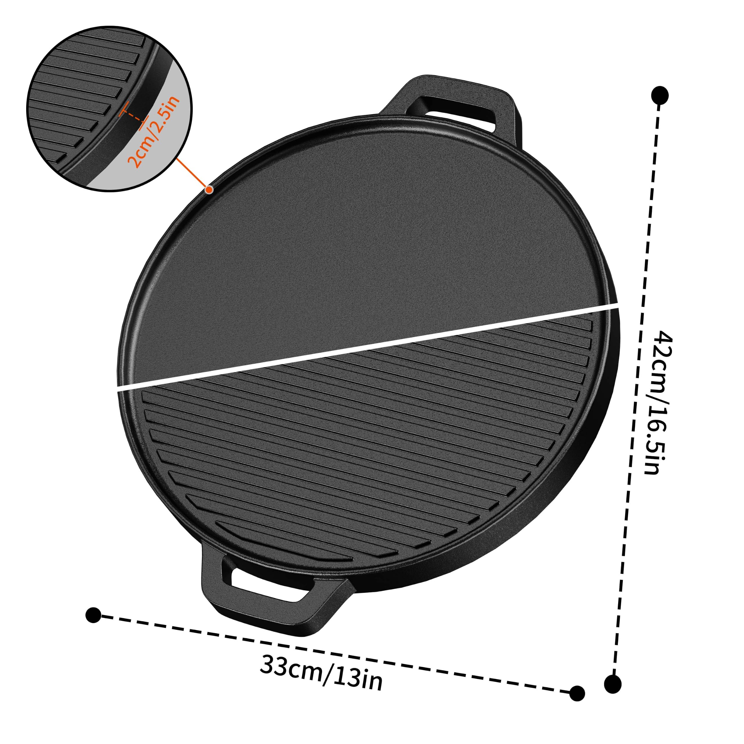 Piastra griglia con Manico per barbecue, Bistecchiera Antiaderente, Piastra Premium in Ghisa da 33 cm per Barbecue a Carbone, Gas e Pellet (Nero)