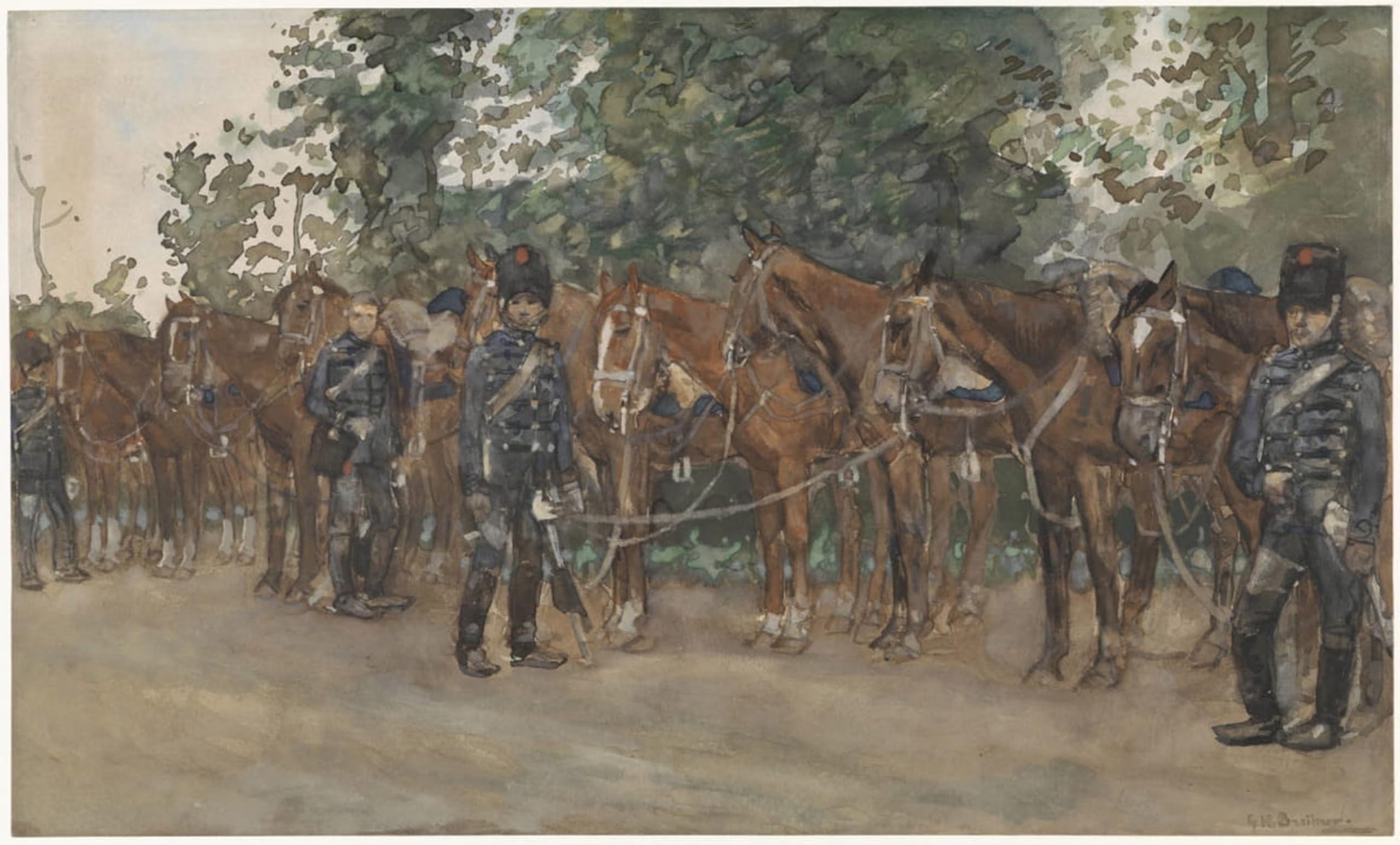 POSTERIIk Famous Modern Artwork Art Mural Hussars Standing Beside Their Horses the Side of the Road by George Hendrik Breitner Oil Paintings Pictures for Home Decor 60x90cm