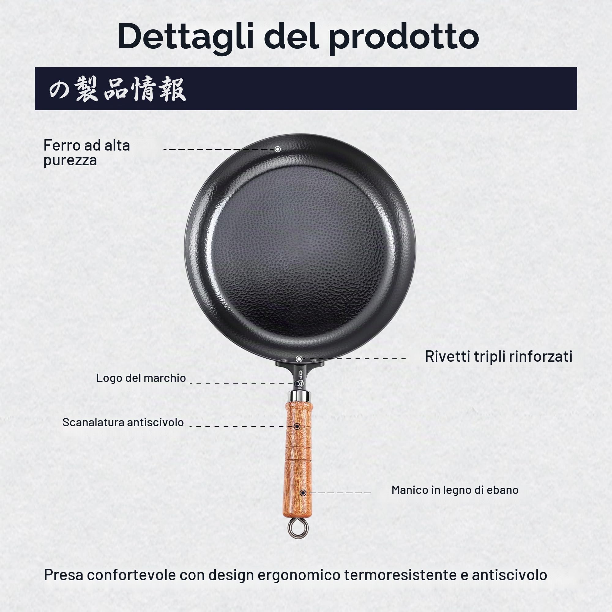 MITSUMOTO SAKARI Padella Antiaderente 30 cm,Padella in Ghisa Battuta a Mano | Senza Rivestimento Sintetico, Adatta a Fornelli a Gas e Induzione, Manico in Ebano