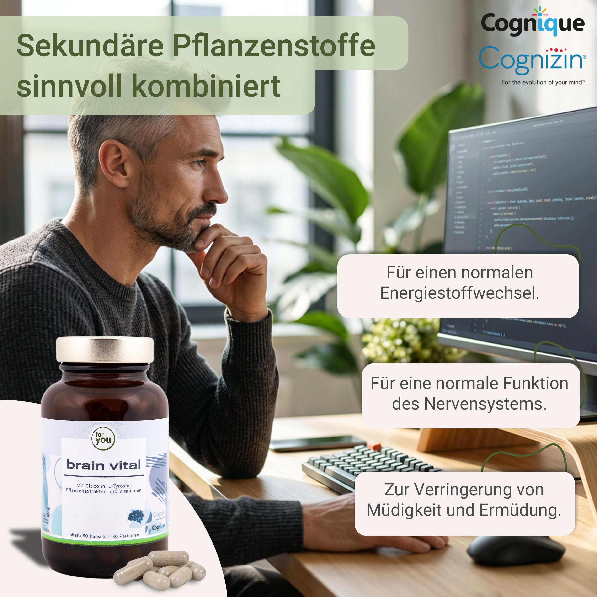 for you brain vital 60 Konzentrations Kapseln - Brain Booster mit Citicolin (Cognizin®), Cognigue® - Sekundäre Pflanzenstoffe & Ginseng - Vegan, ohne Zusatzstoffe - ohne Koffein für mehr Focus