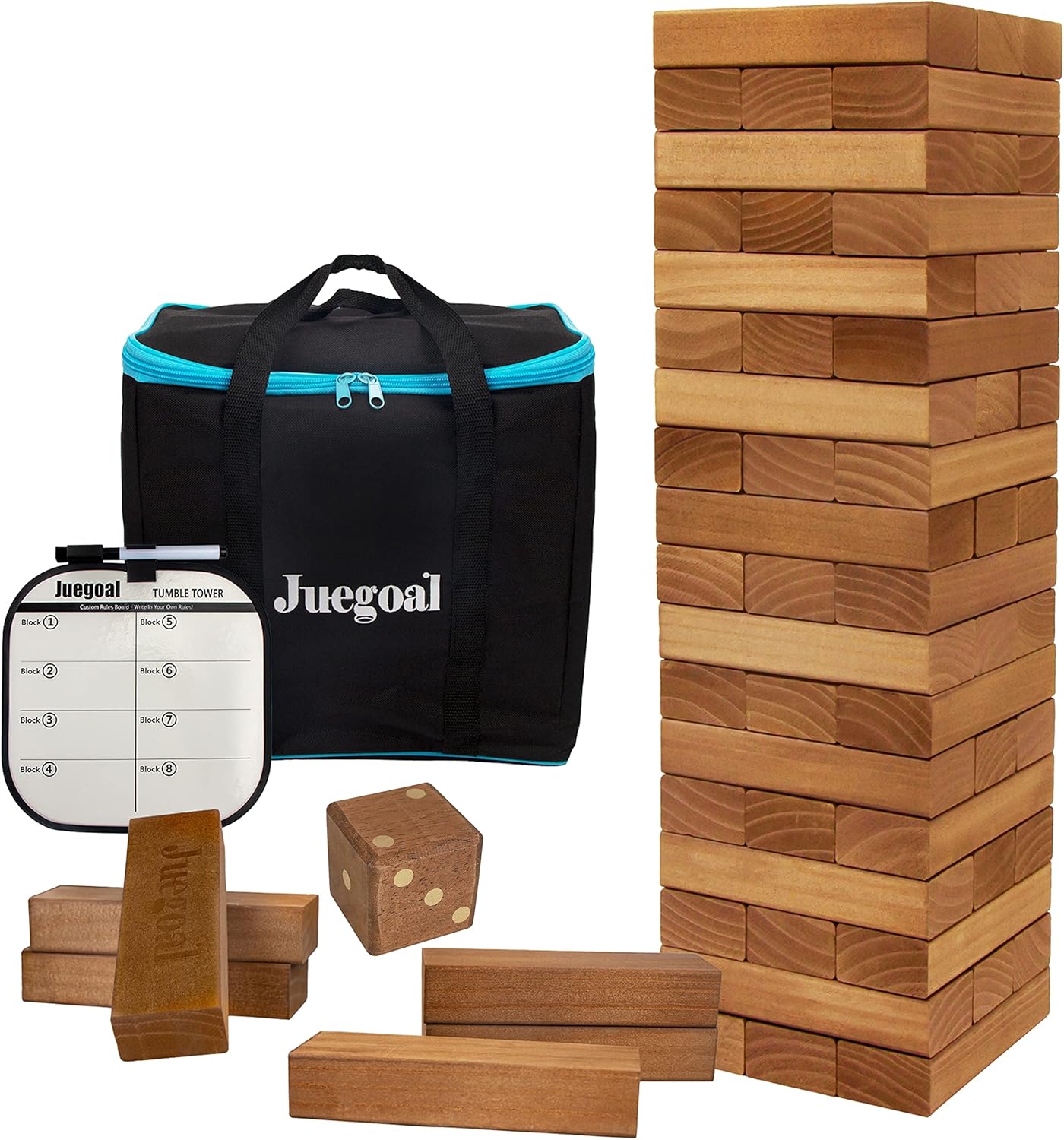 Juegoal 54 Pieces Giant Tumble Tower Blocks Game Giant Wood Stacking Game with 1 Dice Set, Gameboard, Canvas Bag for Adult, Kids, Family, Brown Brown Large